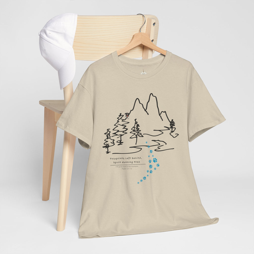 Rainbow Bridge T‑Shirt — Minimal Line Art Nature Tee with 'Follow the Dog Prints' Design Psalms 121