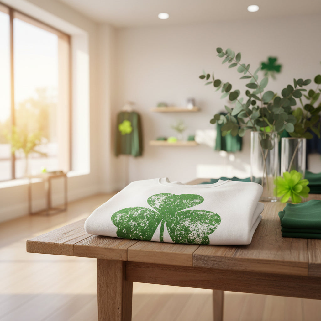 Shamrock Crewneck Sweatshirt – Distressed Green Clover St. Patrick’s Day Pullover