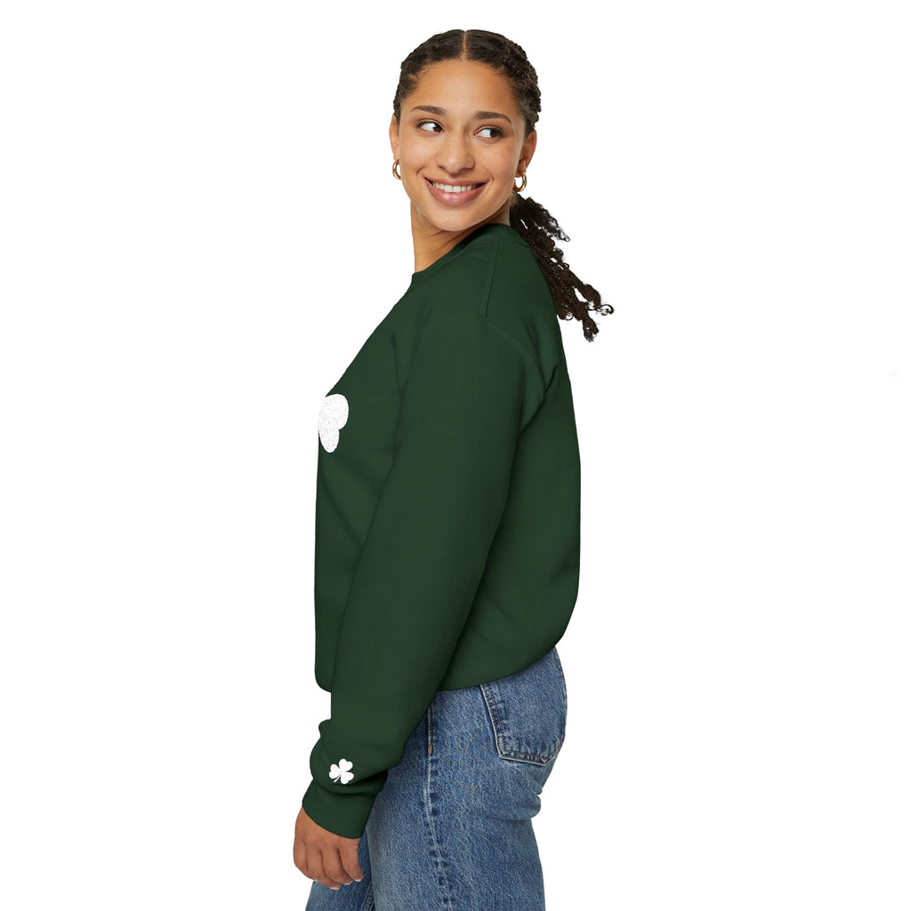 Embroidered Shamrock Crewneck Sweatshirt — Simple White Clover St. Patrick’s Day Pullover