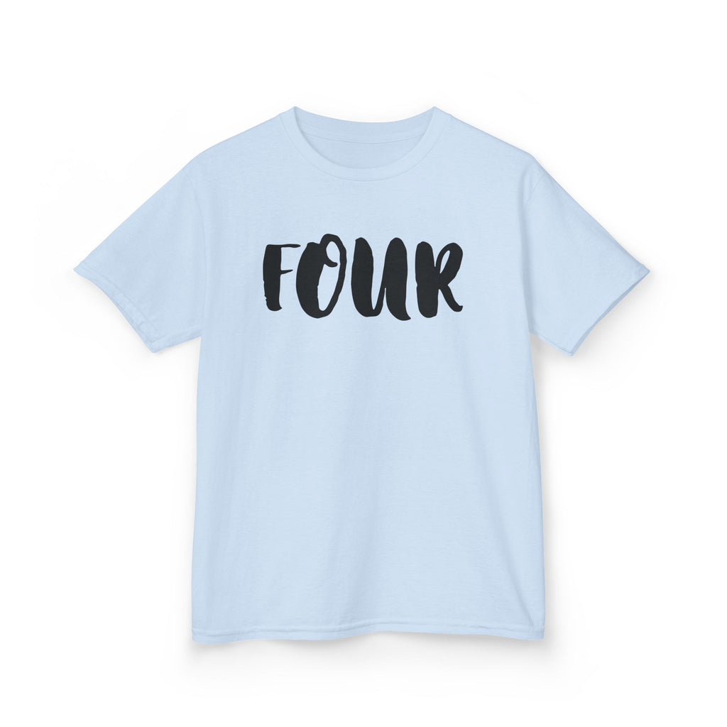 Kids 'Four' Birthday T‑Shirt — Fun Script Number Tee for 4-Year-Olds
