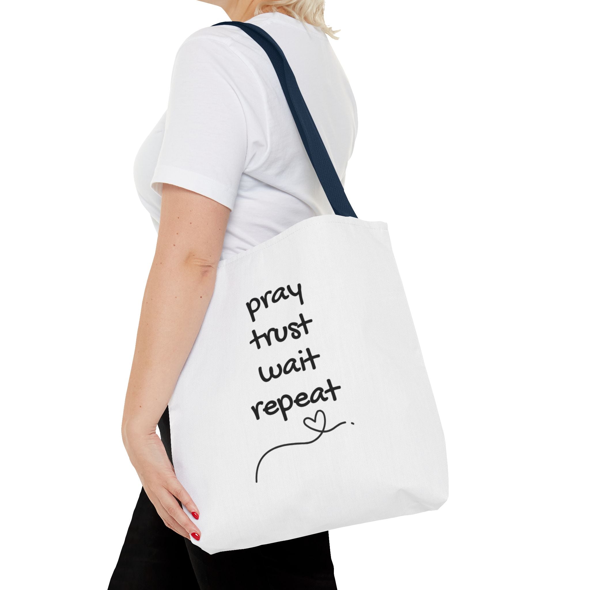Pray Trust Wait Repeat Tote Bag — Inspirational Faith Canvas Tote