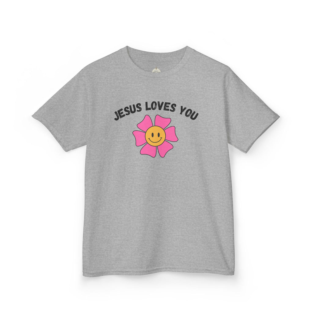 Kids T-Shirt — "Jesus Loves You" Smiley Flower Christian Tee