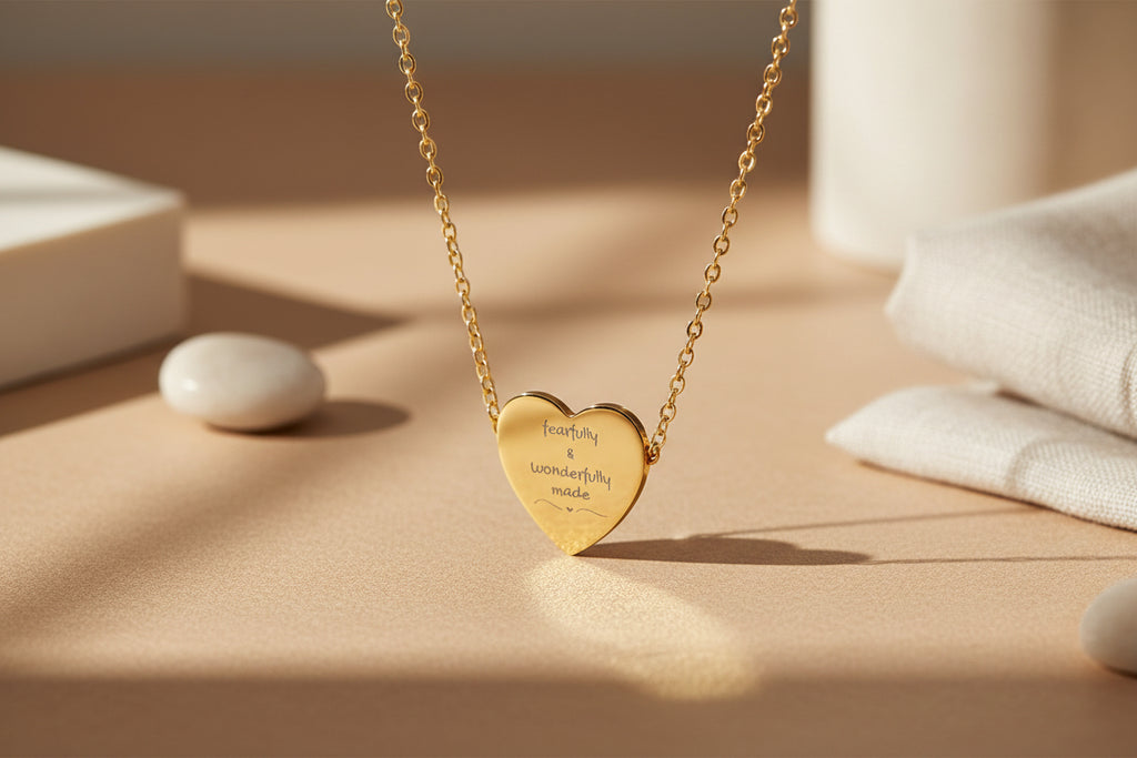 Engraved Heart Necklace — “Fearfully & Wonderfully made” Sterling Pendant