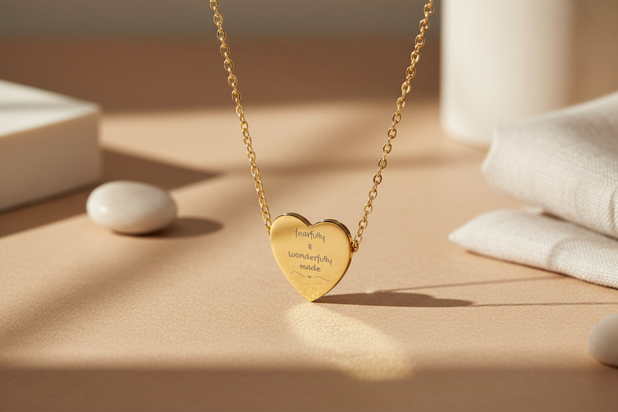 Engraved Heart Necklace — “Fearfully & Wonderfully made” Sterling Pendant