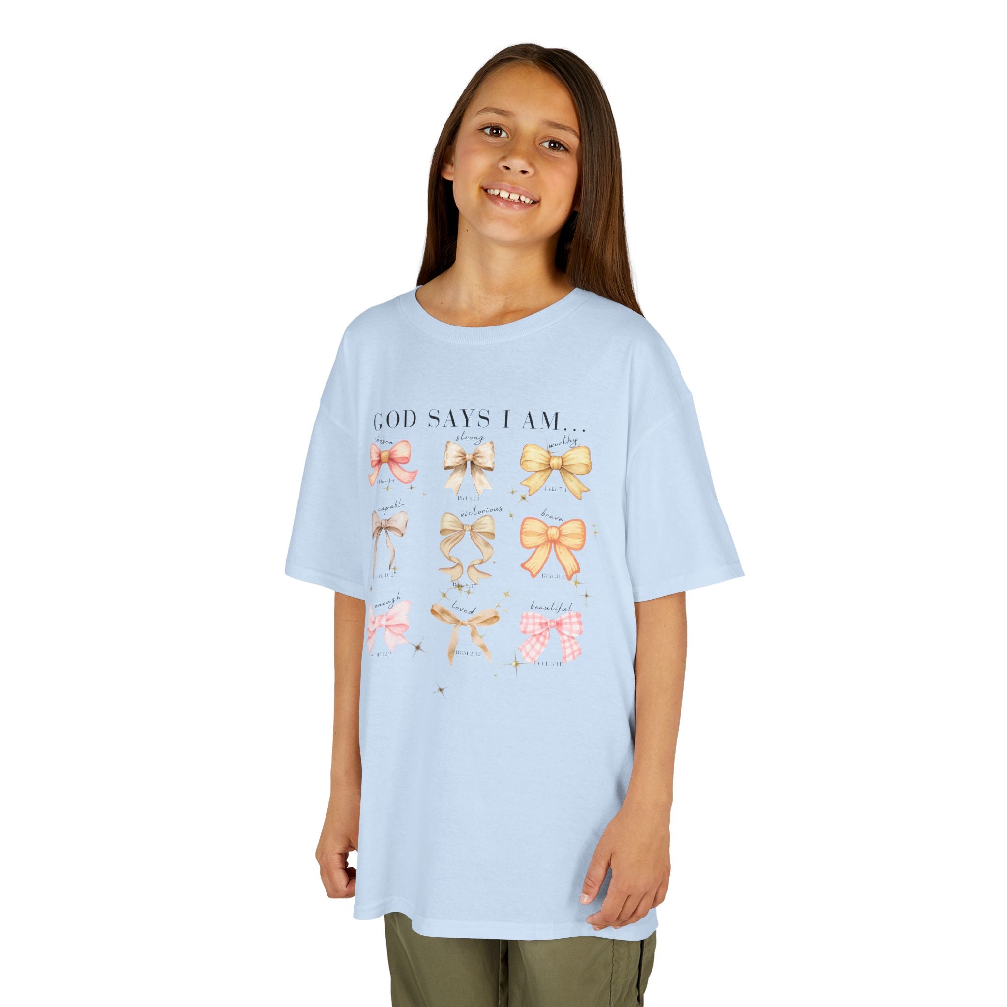 Kids Tee — 'God Says I Am' Pastel Bow Graphic