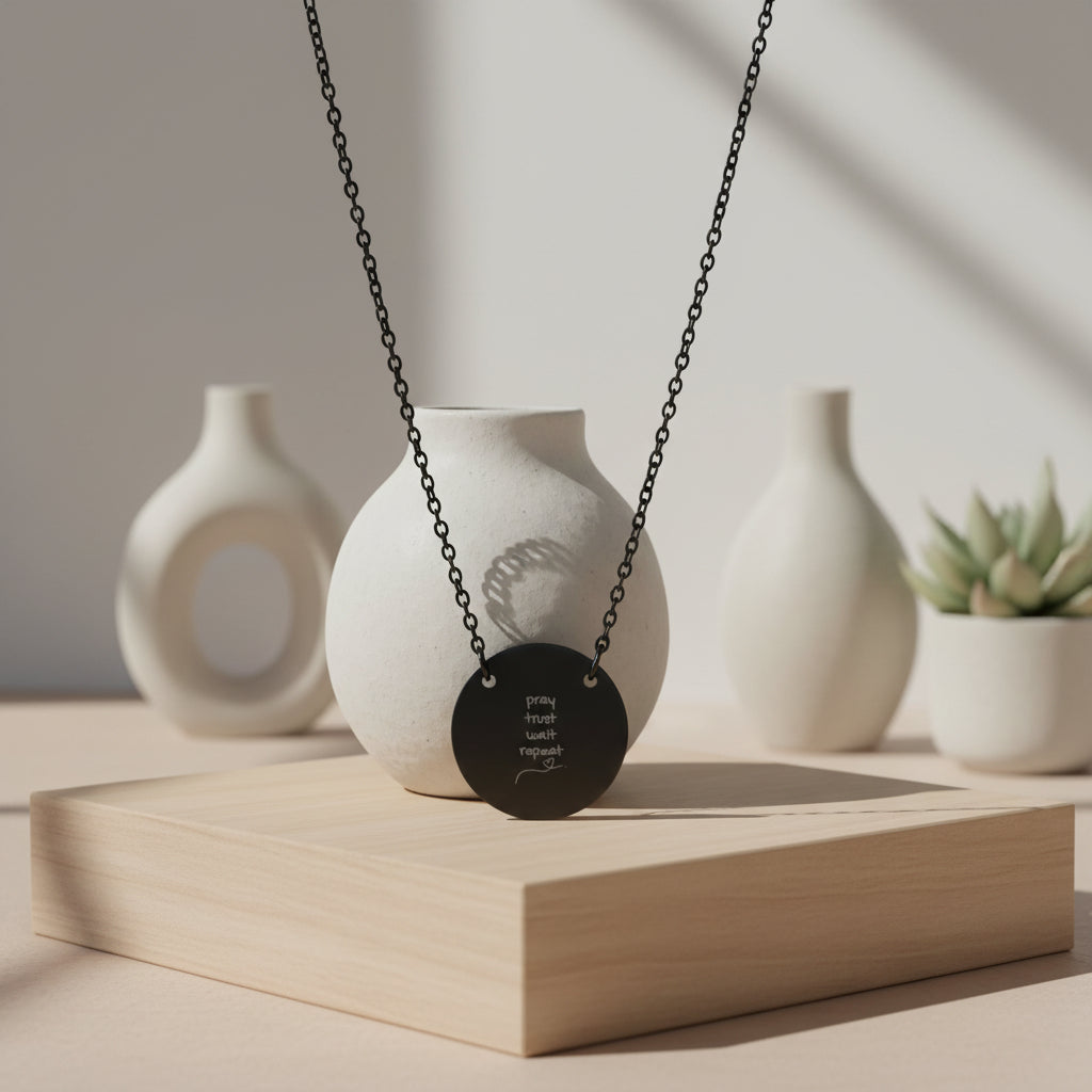 Pray, Trust, Wait, Repeat Circle Christian Necklace — Minimalist Disc Pendant