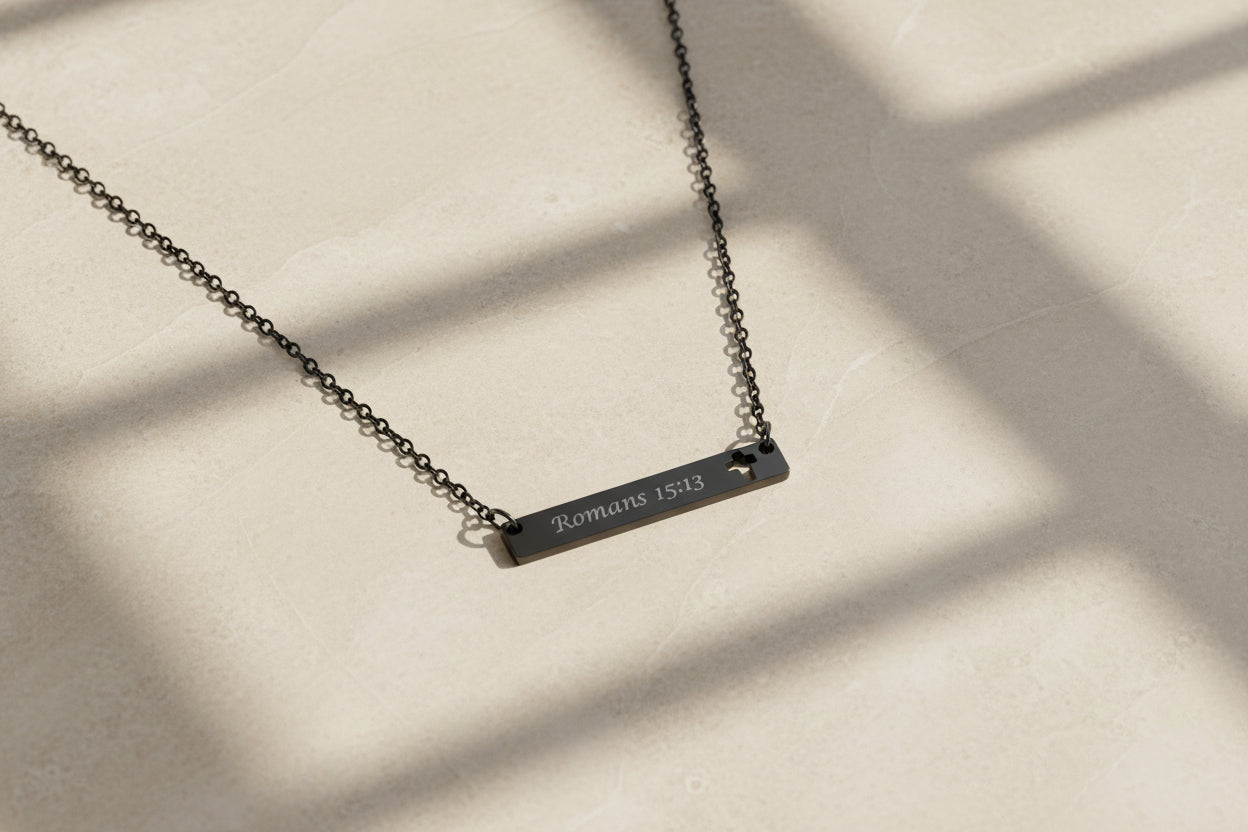 Personalized Cutout Cross Bar Necklace — Personalized Scripture Bar Necklace (e.g., Psalm 18:28, Romans 15:13) with Cross