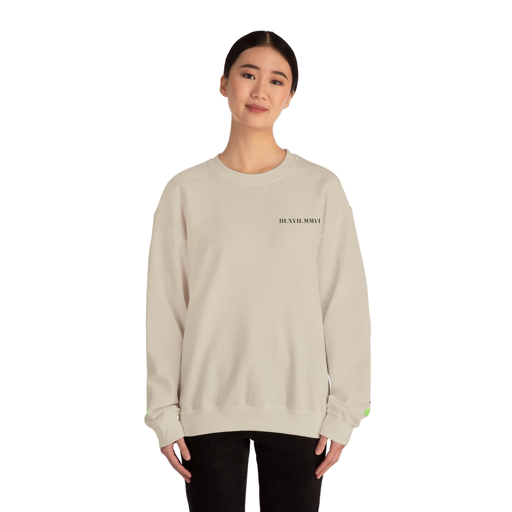 Embroidered - Personalized - Couples - Crewneck Sweatshirt — Minimal 'Human Being' Chest Text with Small Sleeve Floral Accents
