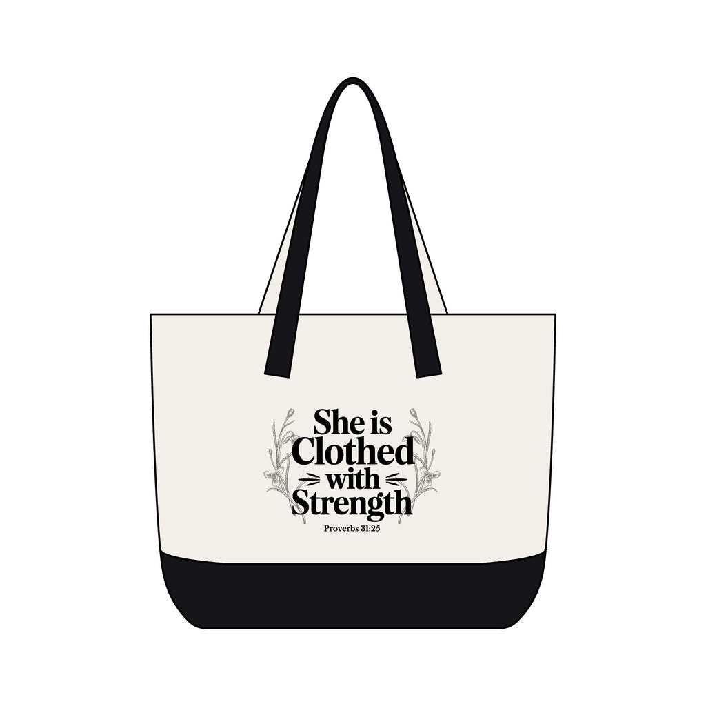 Canvas Tote Bag — "She Is Clothed With Strength" Inspirational Scripture Tote Mother's Day Gift