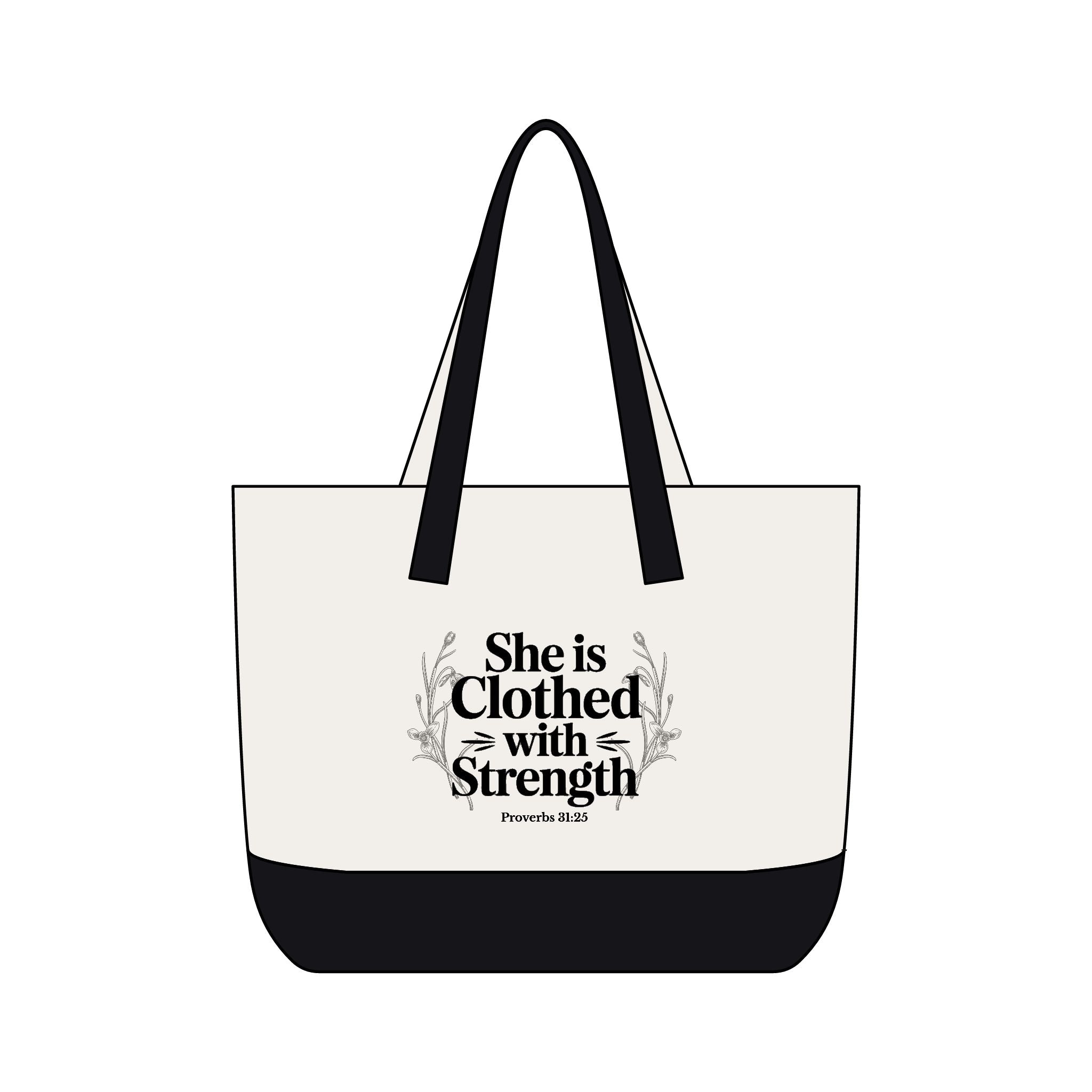 Canvas Tote Bag — "She Is Clothed With Strength" Inspirational Scripture Tote Mother's Day Gift