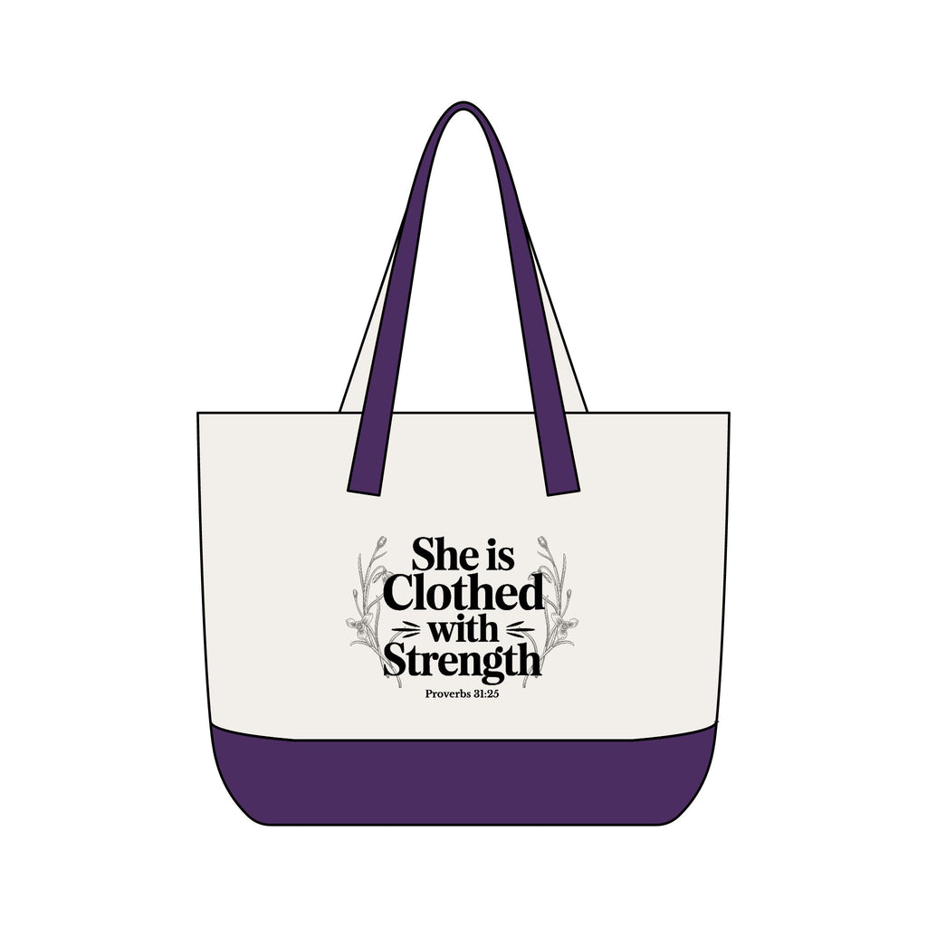 Canvas Tote Bag — "She Is Clothed With Strength" Inspirational Scripture Tote Mother's Day Gift