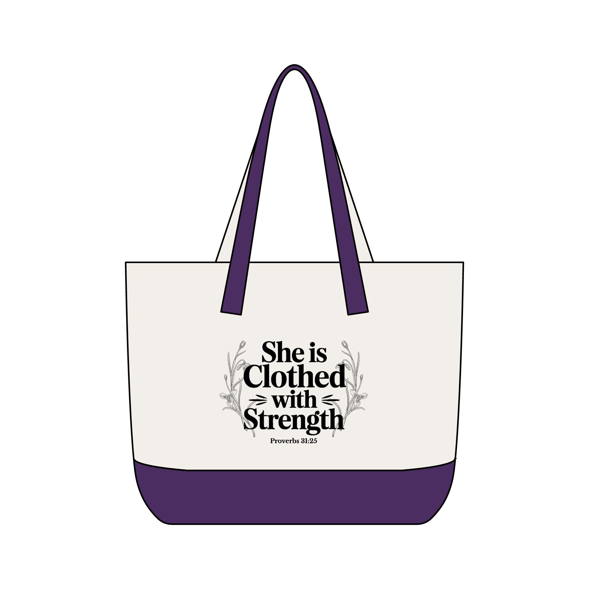 Canvas Tote Bag — "She Is Clothed With Strength" Inspirational Scripture Tote Mother's Day Gift