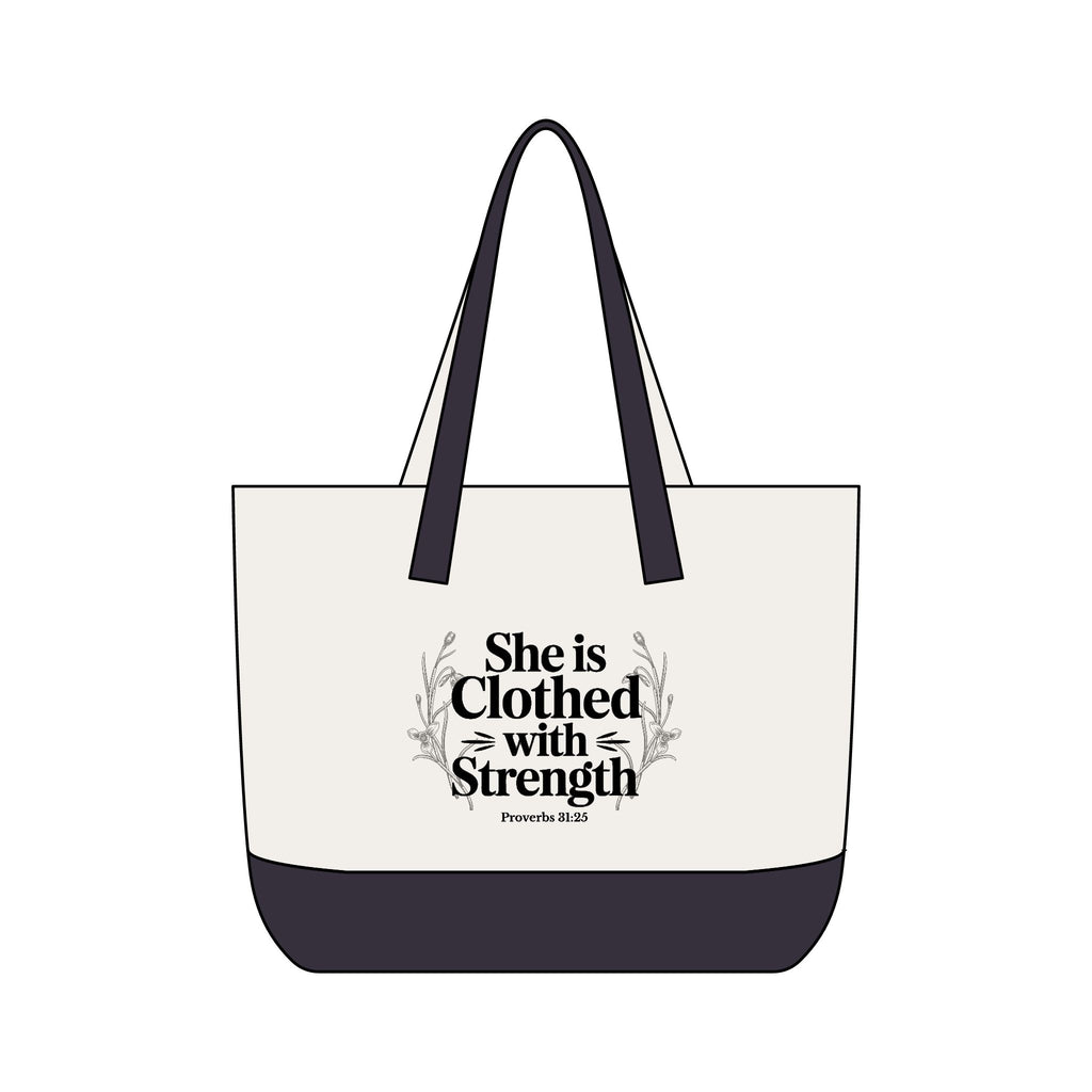 Canvas Tote Bag — "She Is Clothed With Strength" Inspirational Scripture Tote Mother's Day Gift