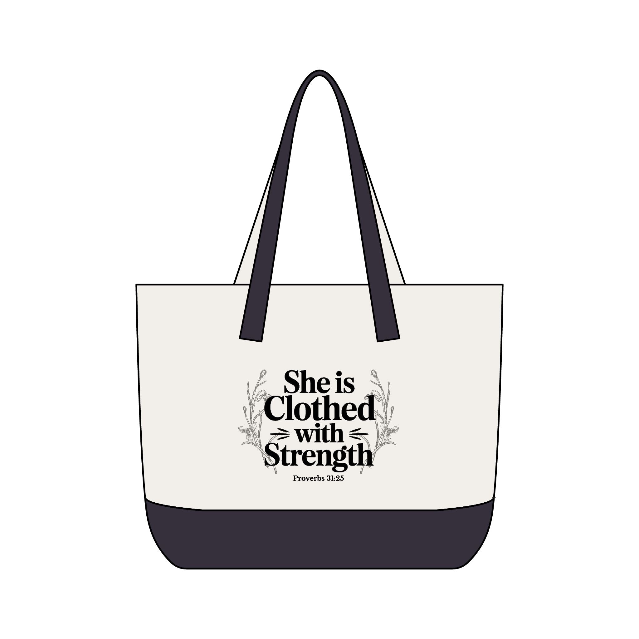 Canvas Tote Bag — "She Is Clothed With Strength" Inspirational Scripture Tote Mother's Day Gift