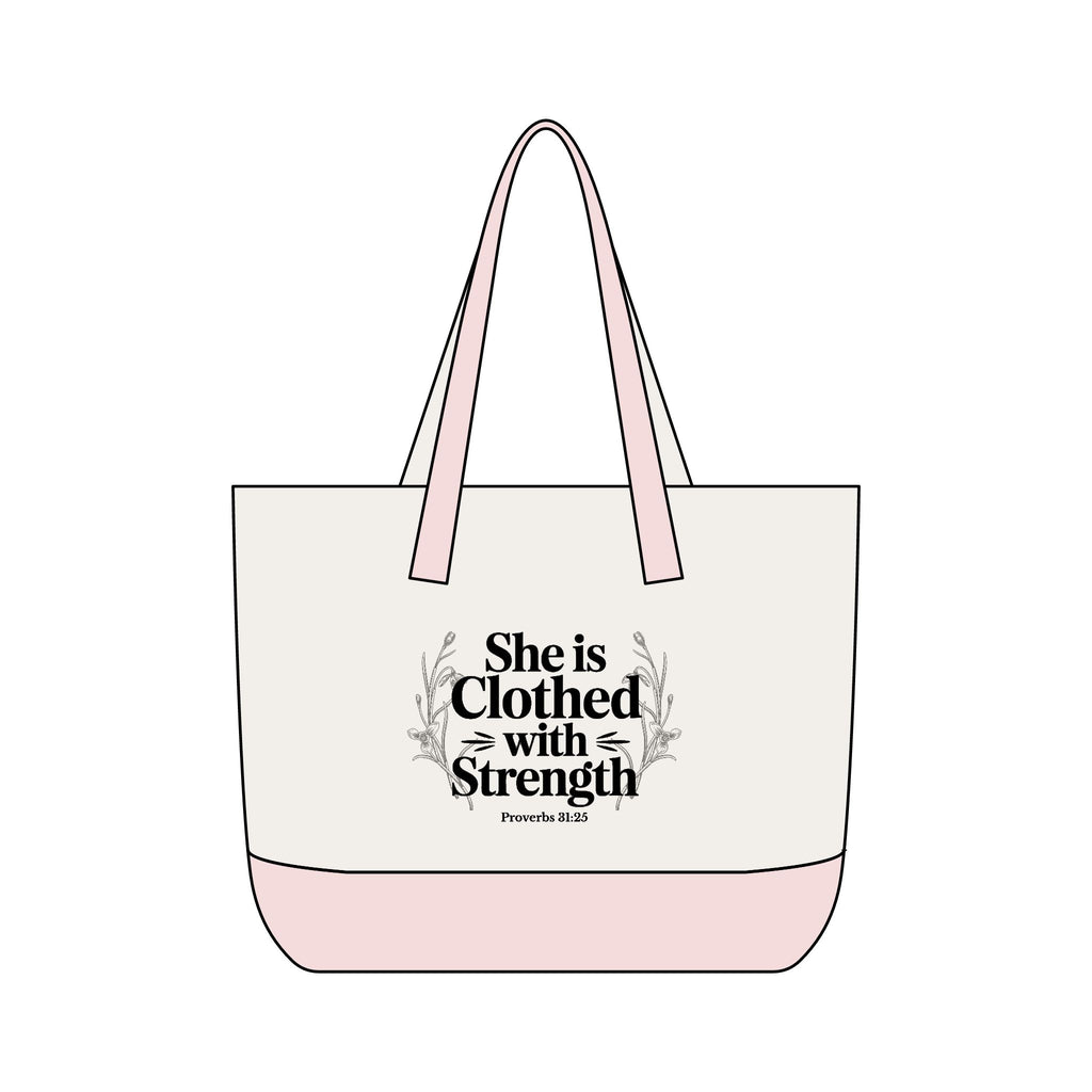 Canvas Tote Bag — "She Is Clothed With Strength" Inspirational Scripture Tote Mother's Day Gift