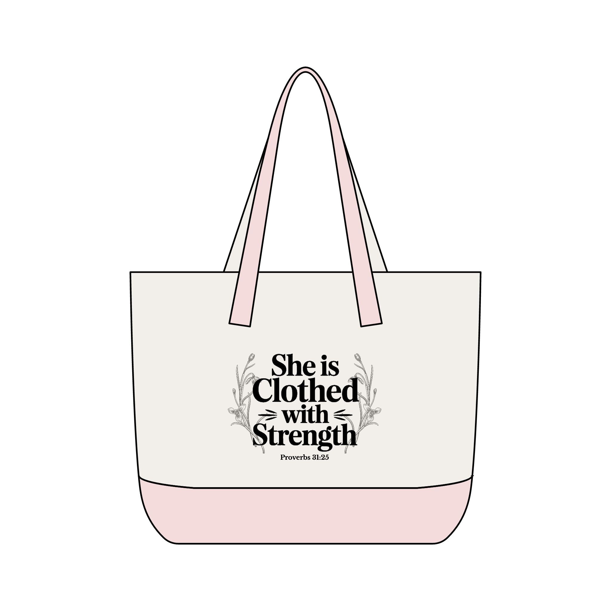 Canvas Tote Bag — "She Is Clothed With Strength" Inspirational Scripture Tote Mother's Day Gift