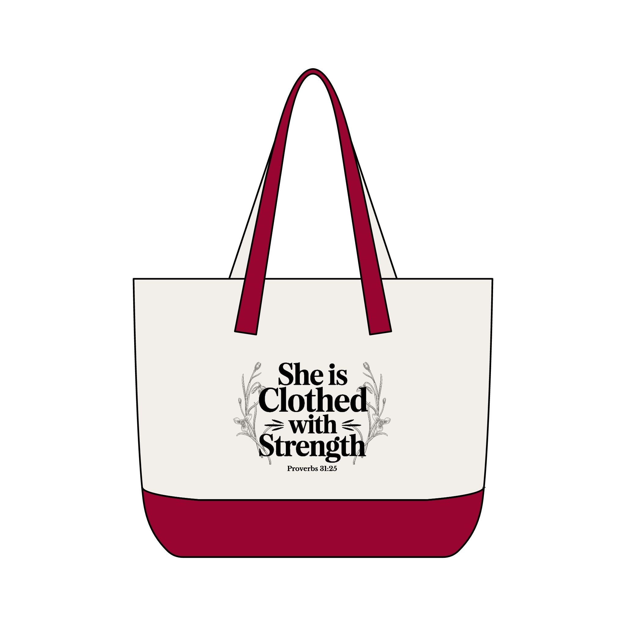 Canvas Tote Bag — "She Is Clothed With Strength" Inspirational Scripture Tote Mother's Day Gift