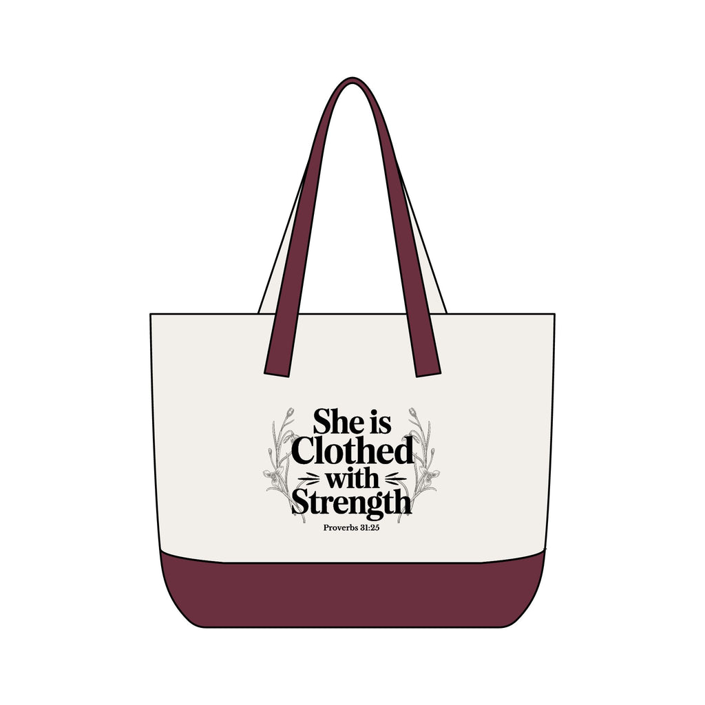 Canvas Tote Bag — "She Is Clothed With Strength" Inspirational Scripture Tote Mother's Day Gift