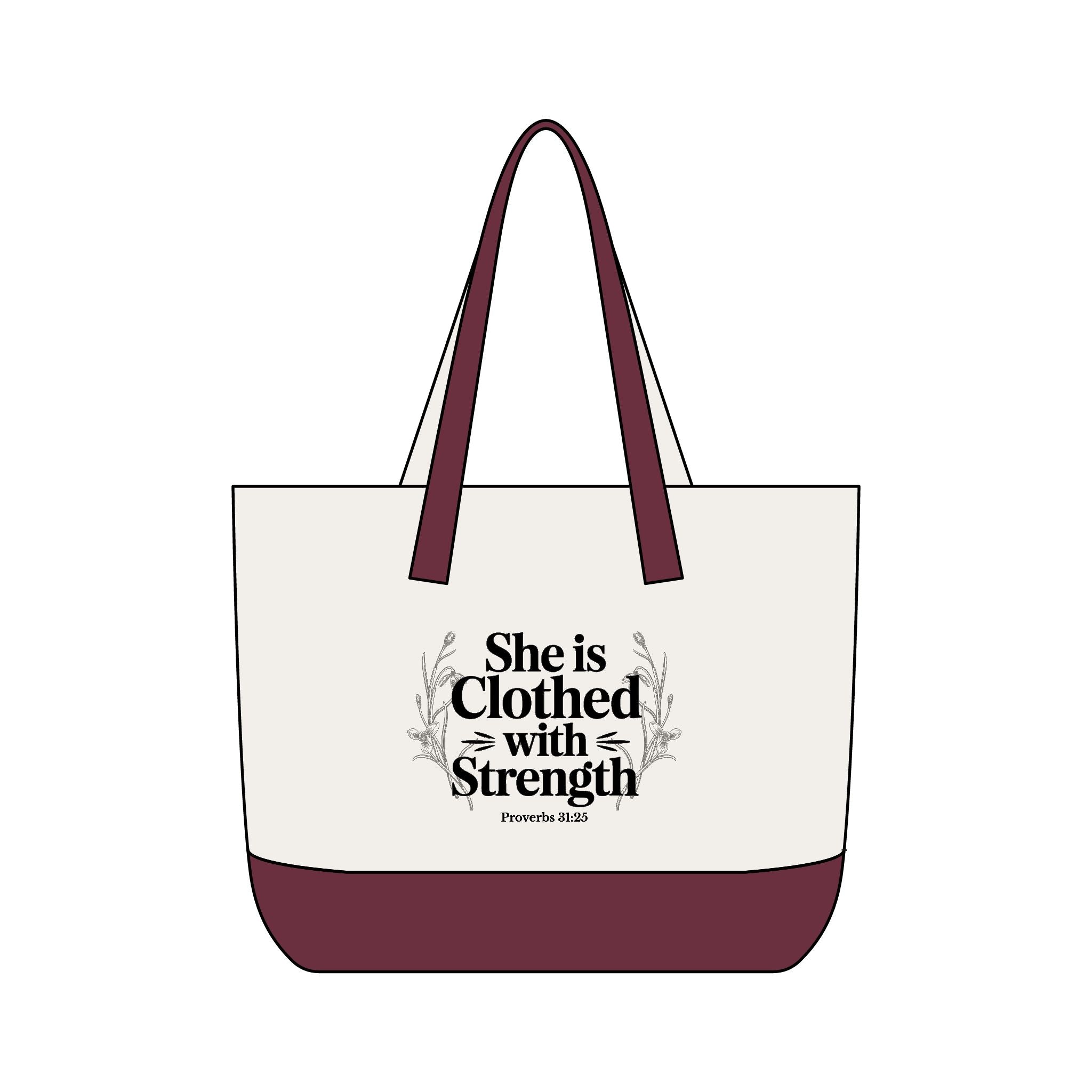 Canvas Tote Bag — "She Is Clothed With Strength" Inspirational Scripture Tote Mother's Day Gift