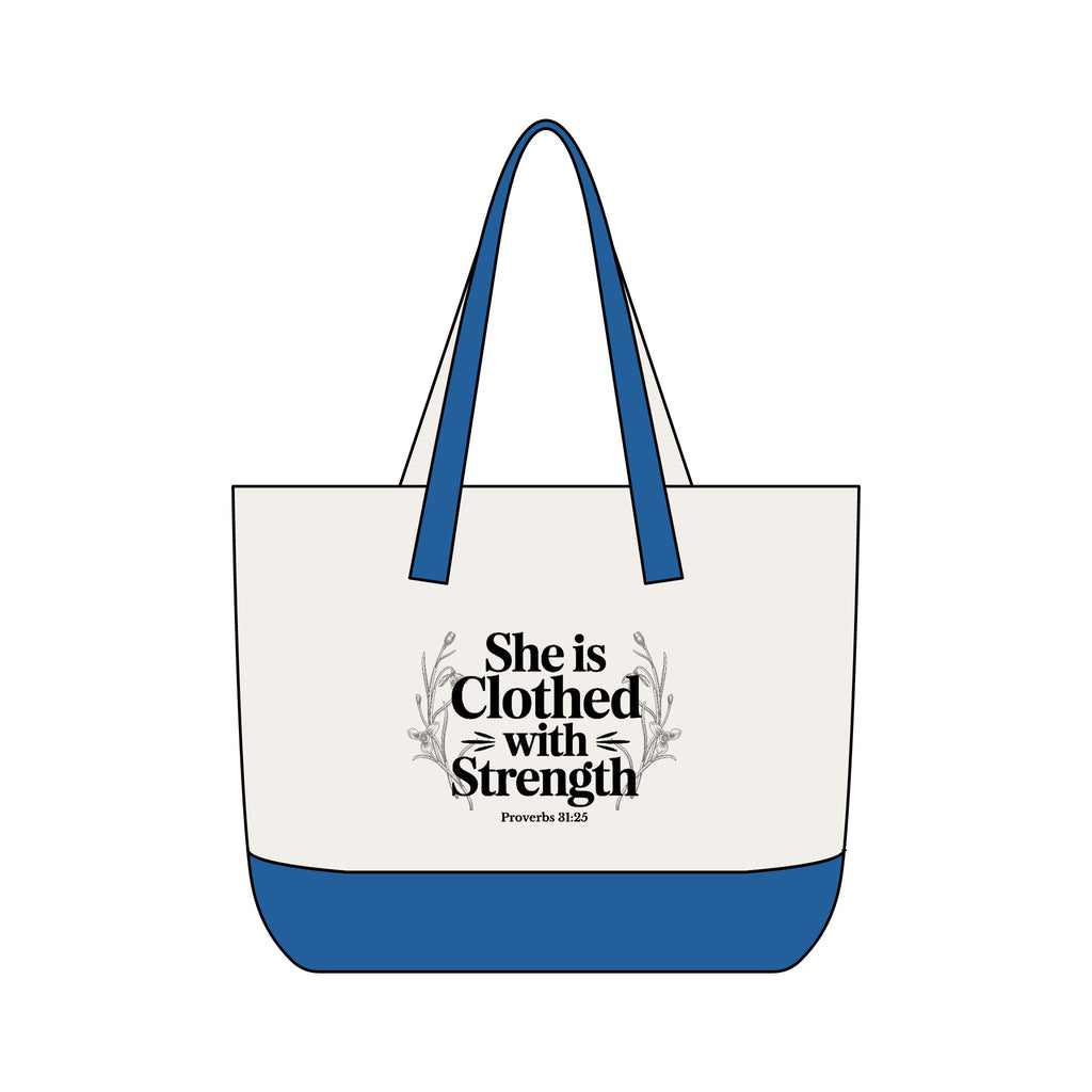 Canvas Tote Bag — "She Is Clothed With Strength" Inspirational Scripture Tote Mother's Day Gift
