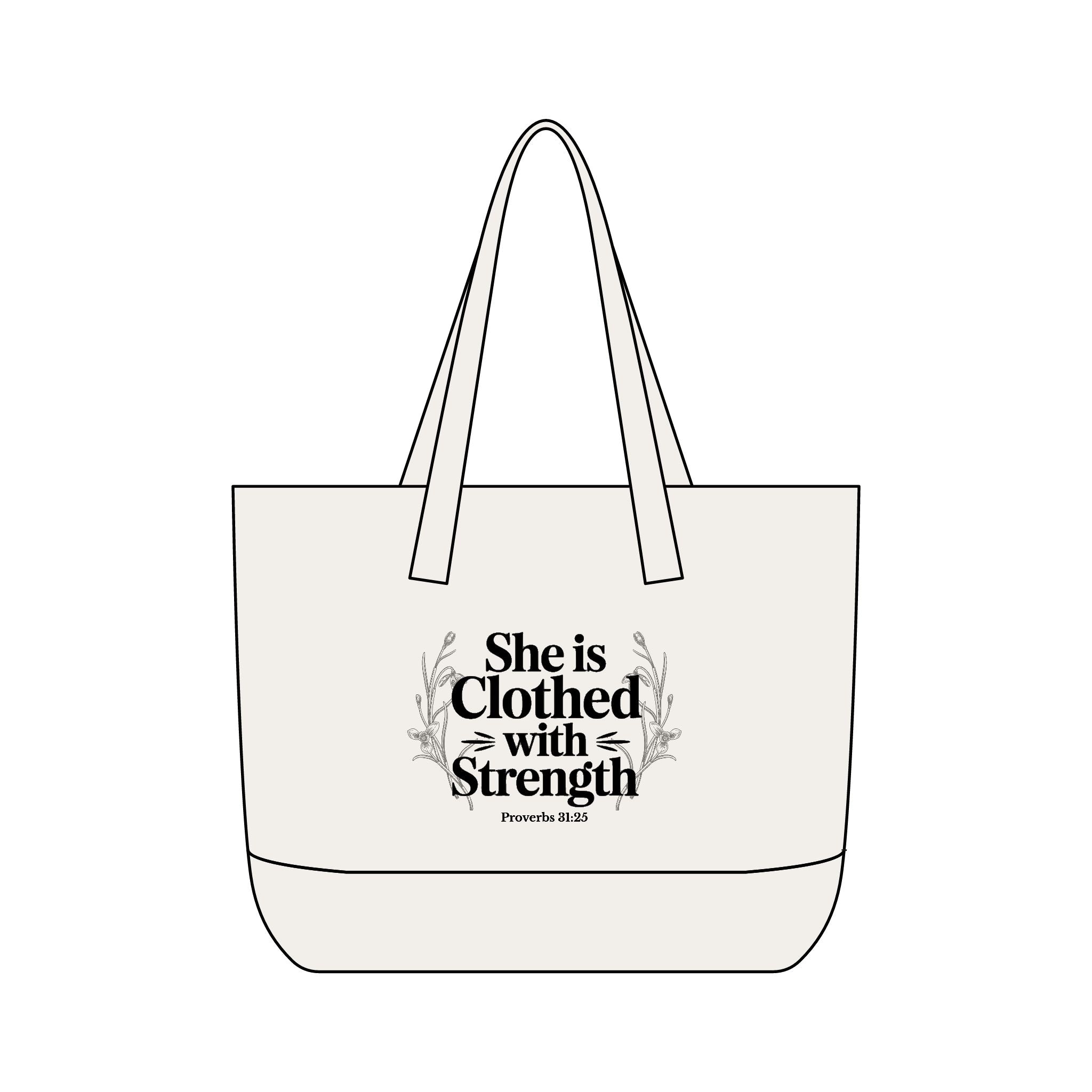 Canvas Tote Bag — "She Is Clothed With Strength" Inspirational Scripture Tote Mother's Day Gift