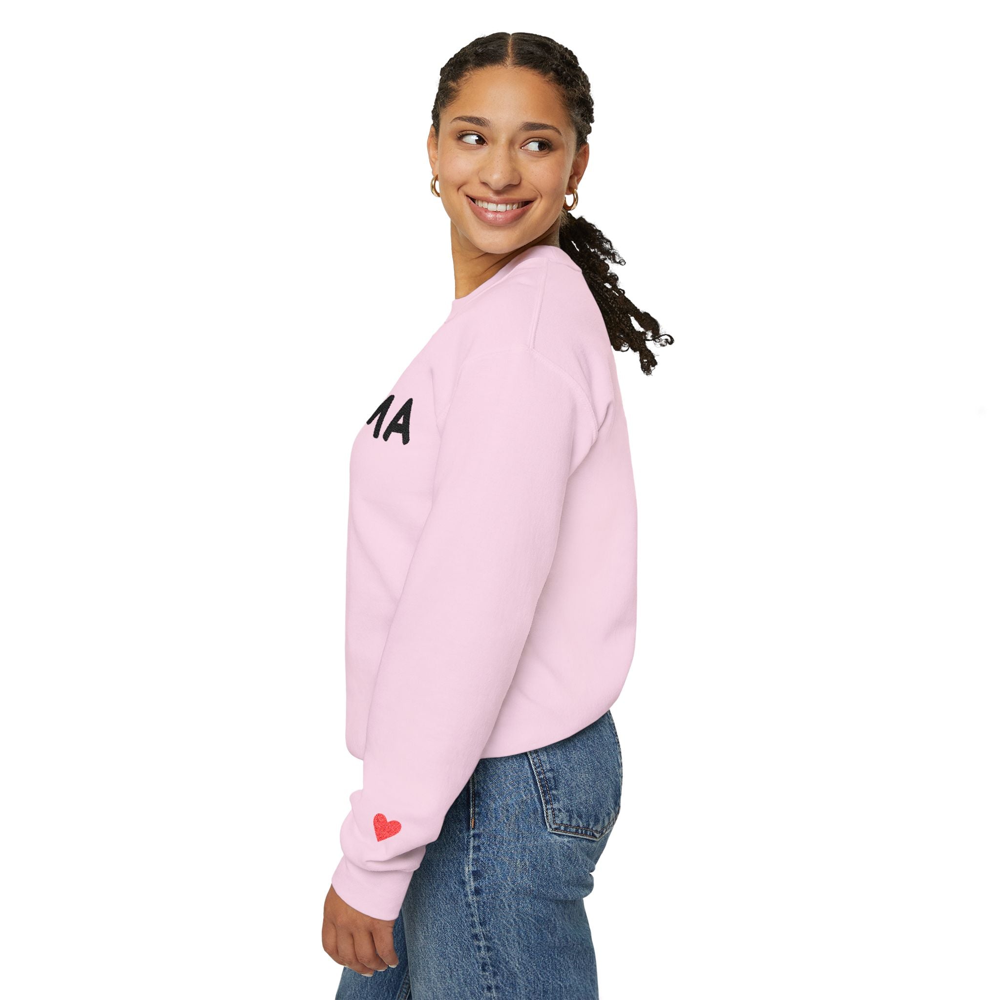 Embroidered - Personalized - Mama Crewneck Sweatshirt — Cozy Mother's Day Pullover with Heart Sleeve Detail