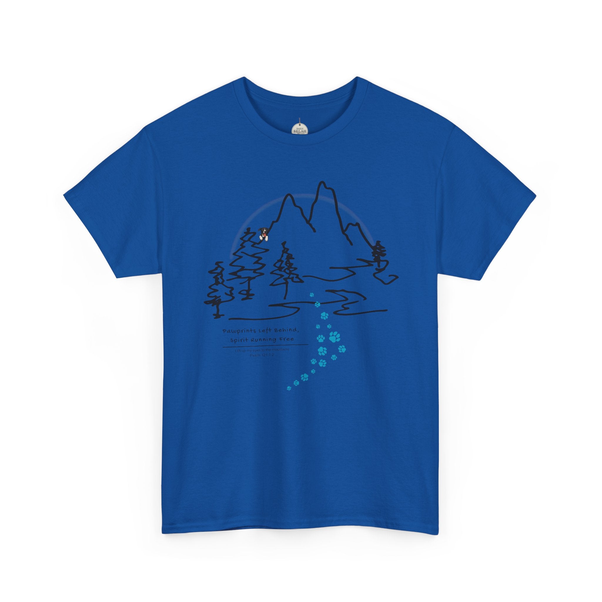 Rainbow Bridge T‑Shirt — Minimal Line Art Nature Tee with 'Follow the Dog Prints' Design Psalms 121