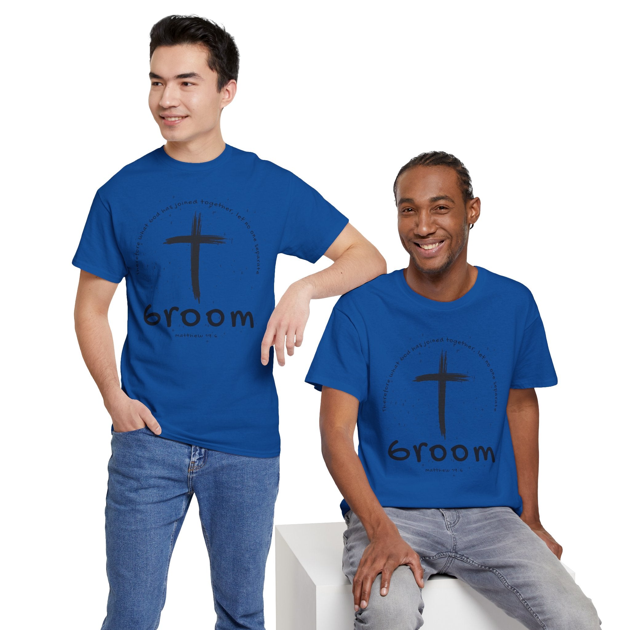 Groom Cross Tee — Christian Wedding Groom T-Shirt (Scripture Verse Design) - Christian - Matthew 19:6