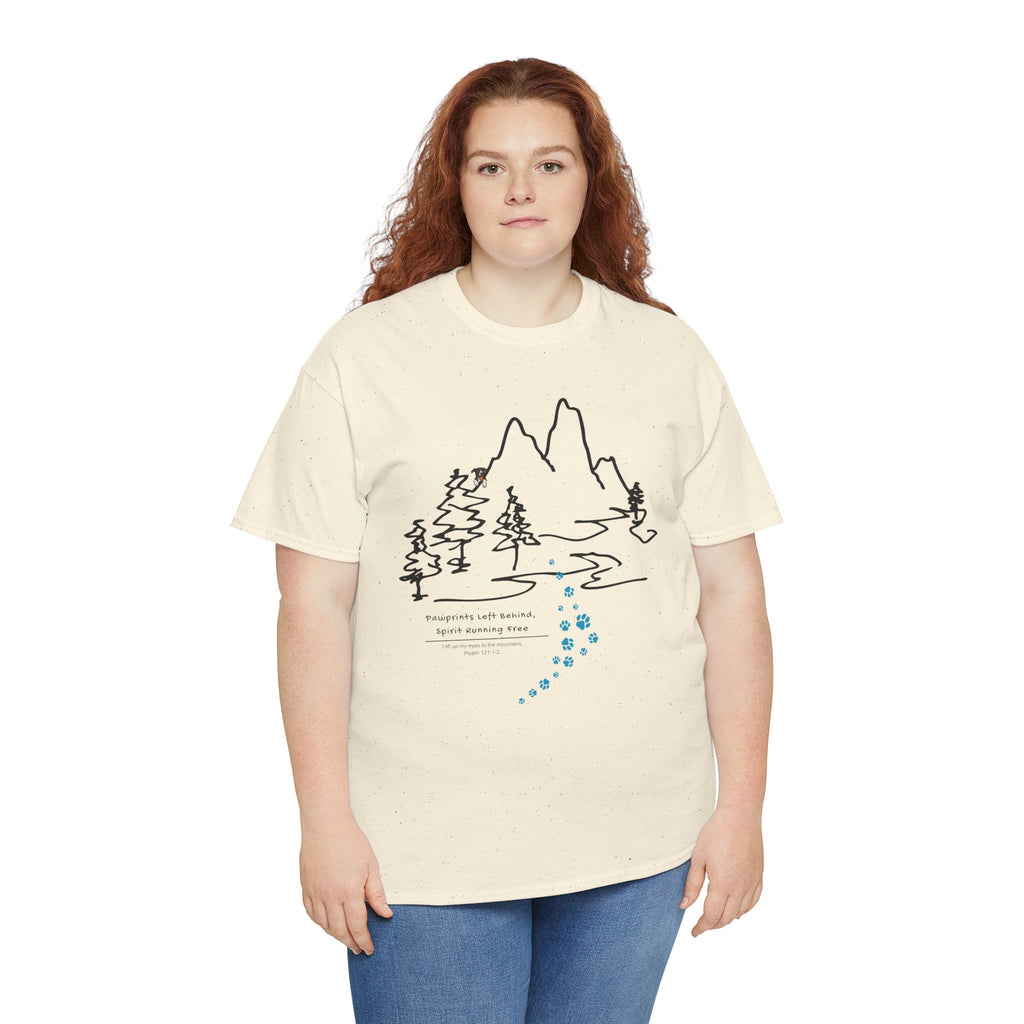 Rainbow Bridge T‑Shirt — Minimal Line Art Nature Tee with 'Follow the Dog Prints' Design Psalms 121