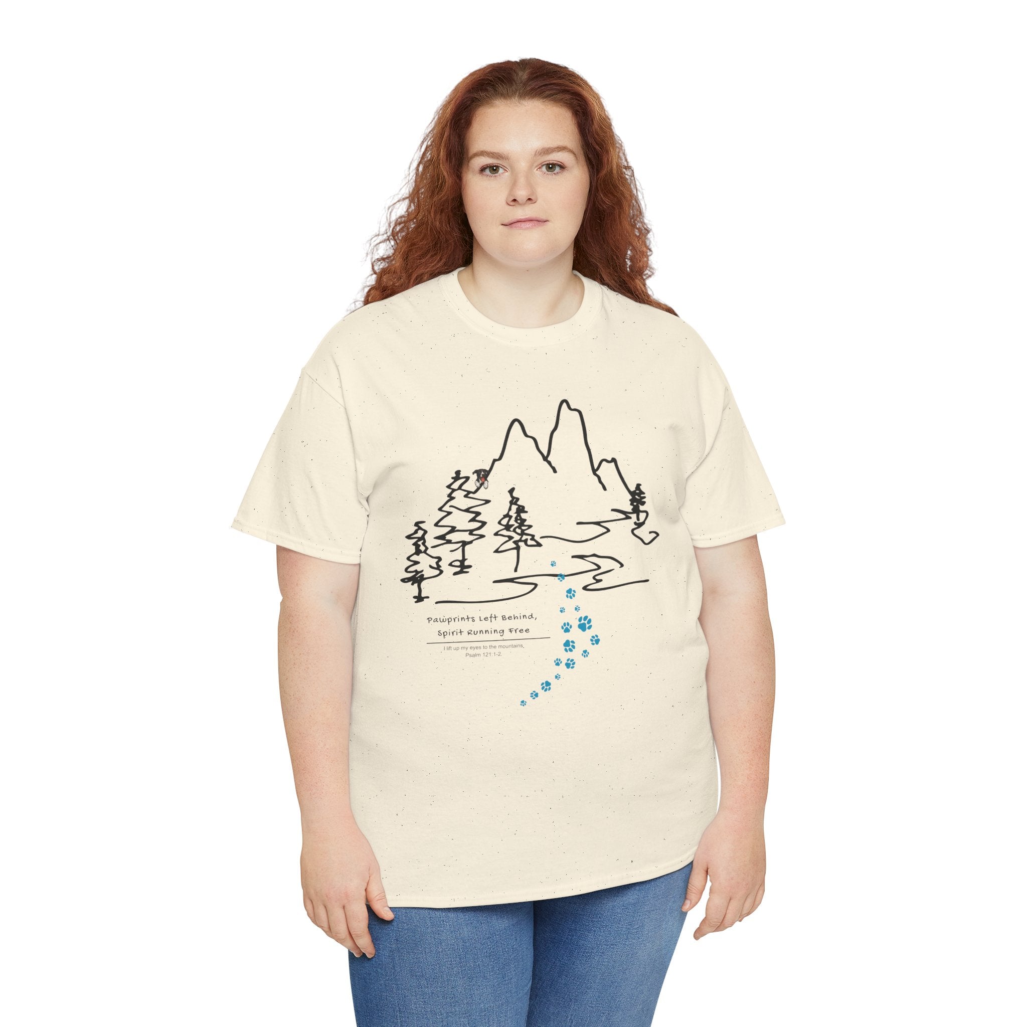 Rainbow Bridge T‑Shirt — Minimal Line Art Nature Tee with 'Follow the Dog Prints' Design Psalms 121