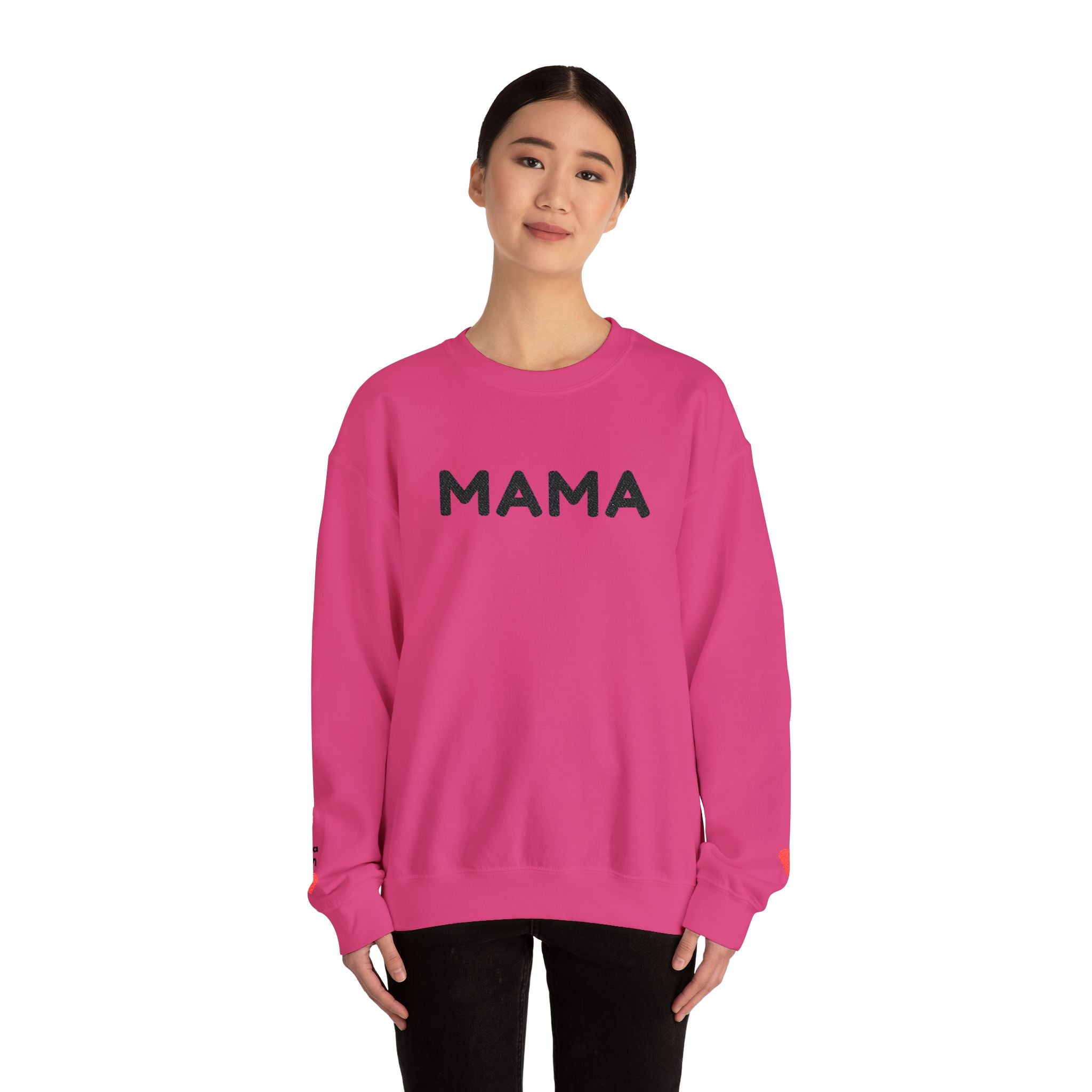 Embroidered - Personalized - Mama Crewneck Sweatshirt — Cozy Mother's Day Pullover with Heart Sleeve Detail
