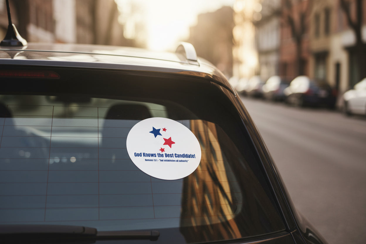 Vote! Round Vinyl Sticker — "God Knows the Best Candidate" Patriotic Christian Decal 2026