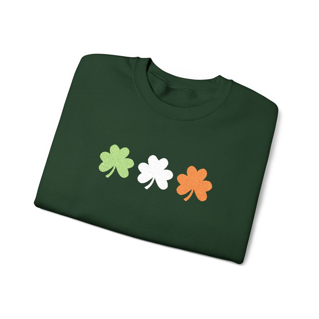 Irish Shamrock Trio Crewneck Sweatshirt – Green White Orange St. Patrick’s Day Pullover Flag Colors