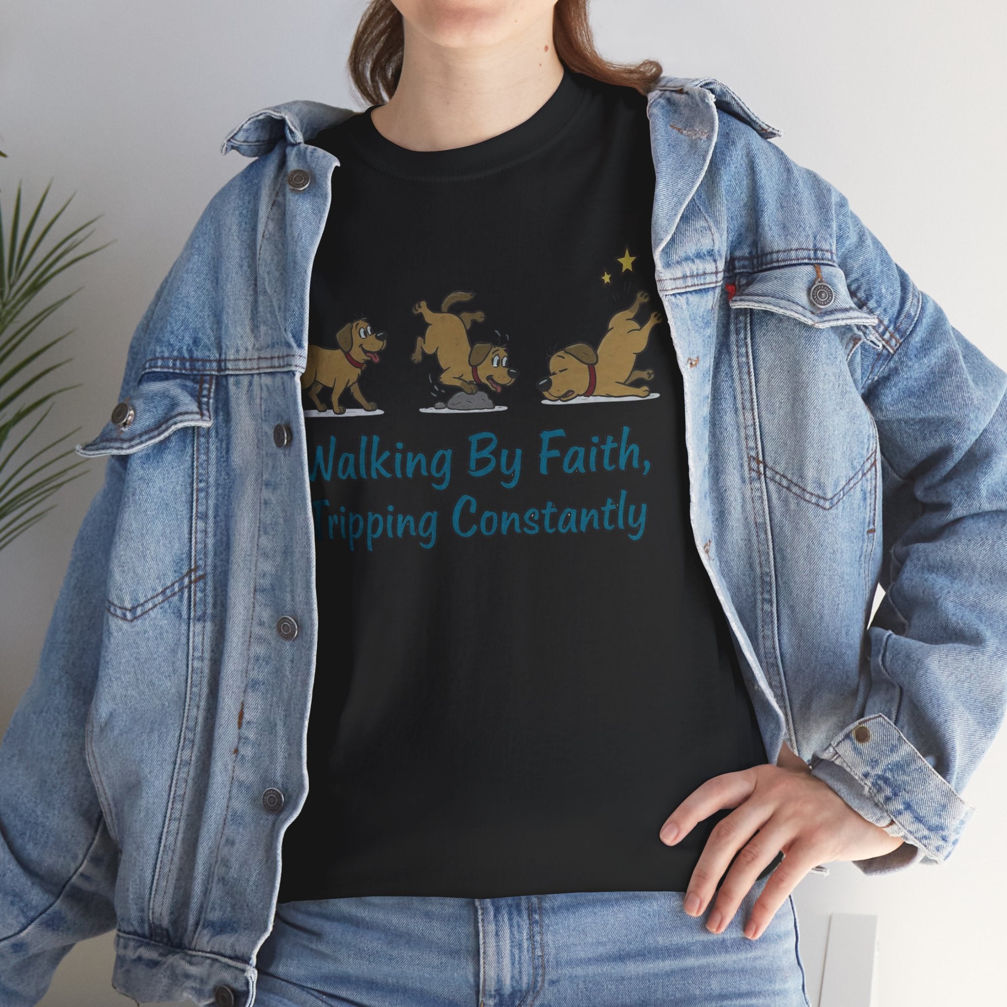 Faith Dog T-Shirt — "Walking By Faith, Tripping Constantly" Cute Christian Tee