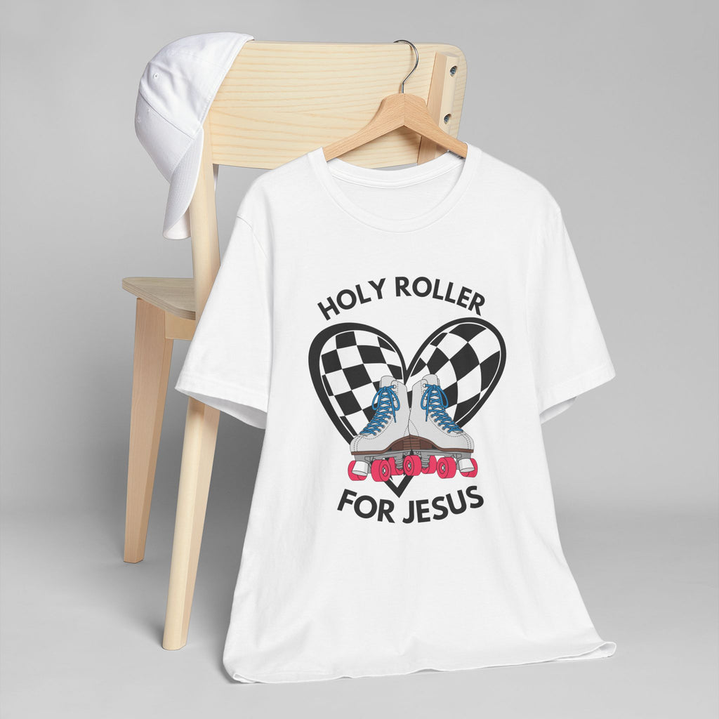 Holy Roller For Jesus T-Shirt — Retro Roller Skates & Checker Heart Christian Tee