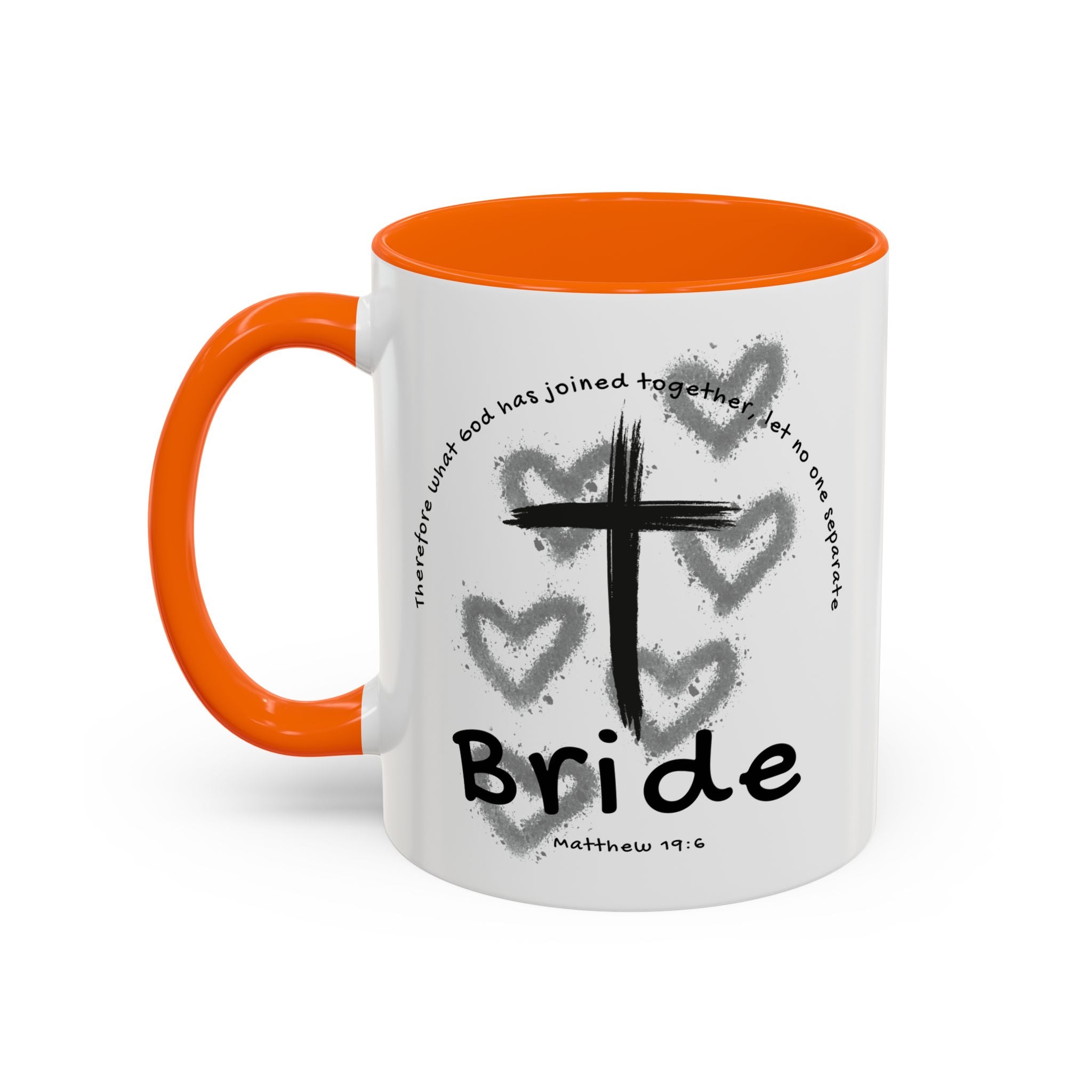 Bride Coffee Mug — Christian Cross & Hearts Accent Mug (Matthew 19:6)