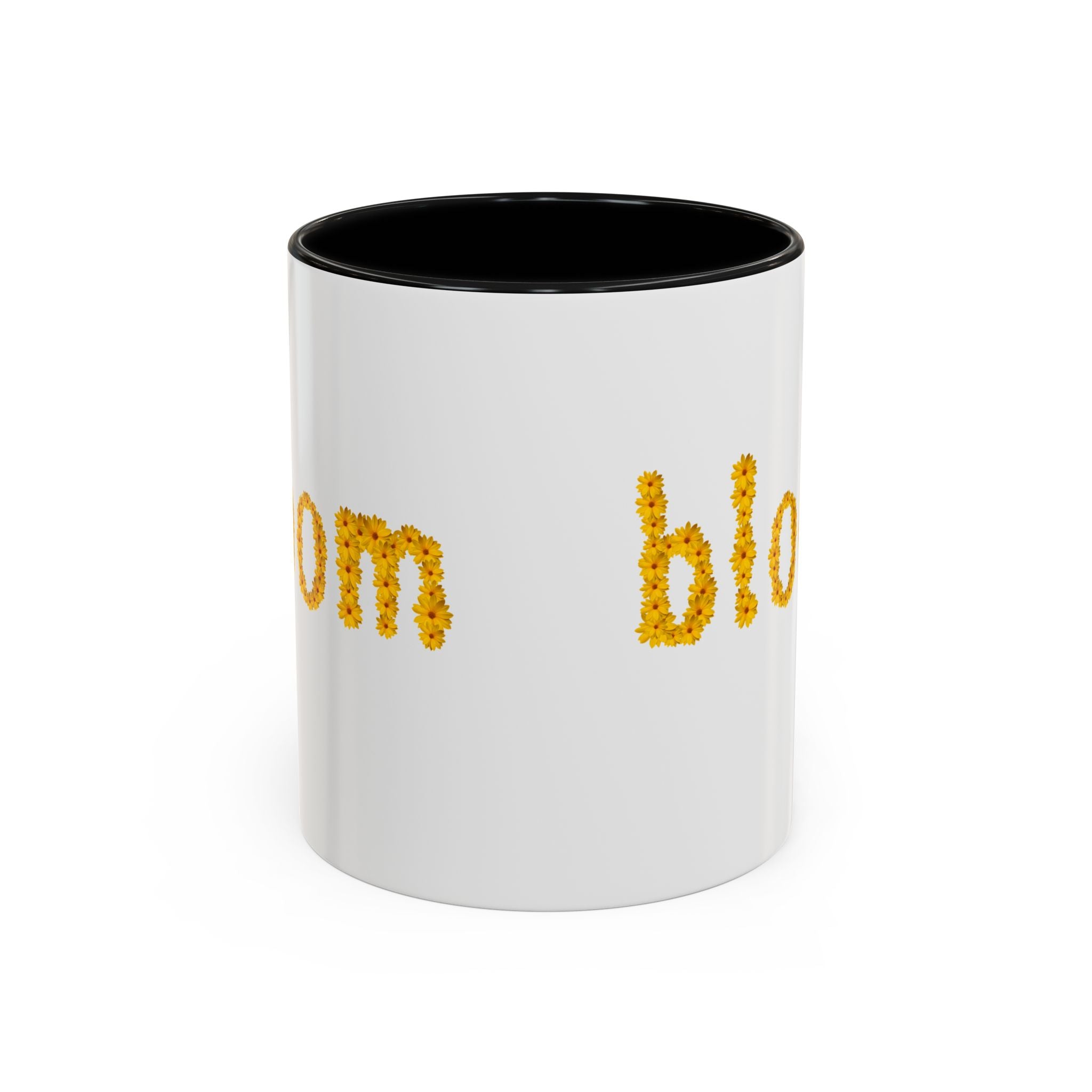 "bloom" floral text Coffee Mug | sunflower petal typography, white & black accent
