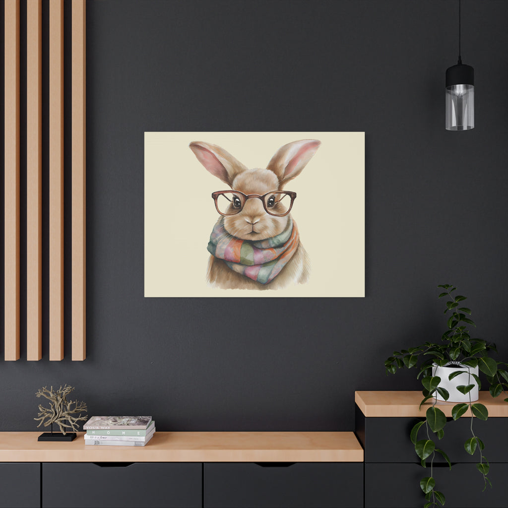 Hipster Bunny Canvas Art – Bunny with Glasses & Colorful Scarf Matte Stretched Wall Decor
