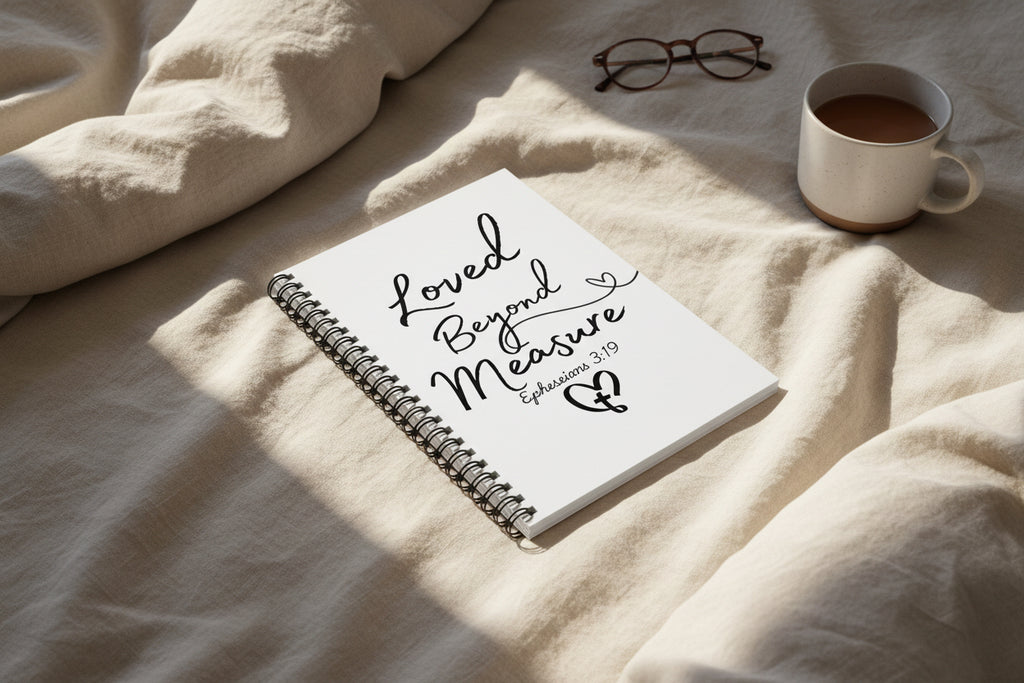 Loved Beyond Measure Spiral Notebook — Ephesians 3:19 Christian Journal - White