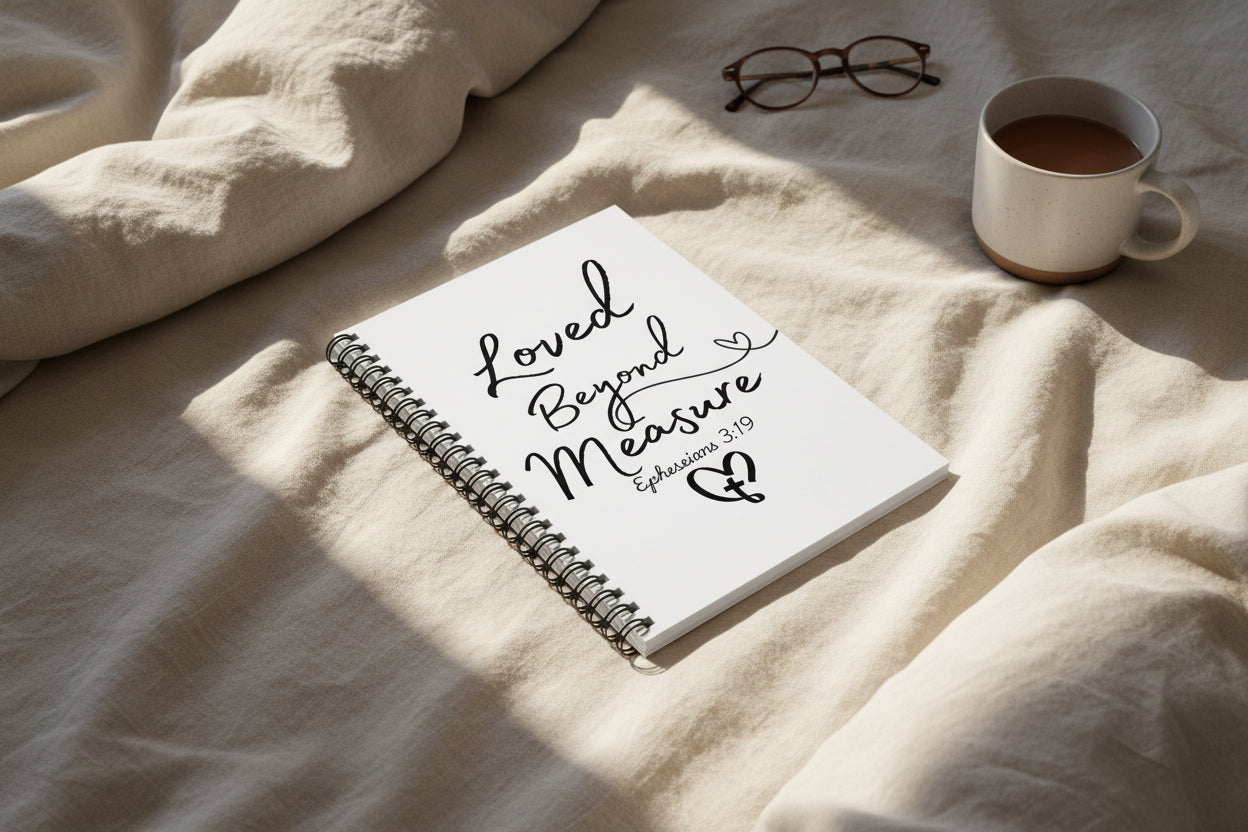 Loved Beyond Measure Spiral Notebook — Ephesians 3:19 Christian Journal - White