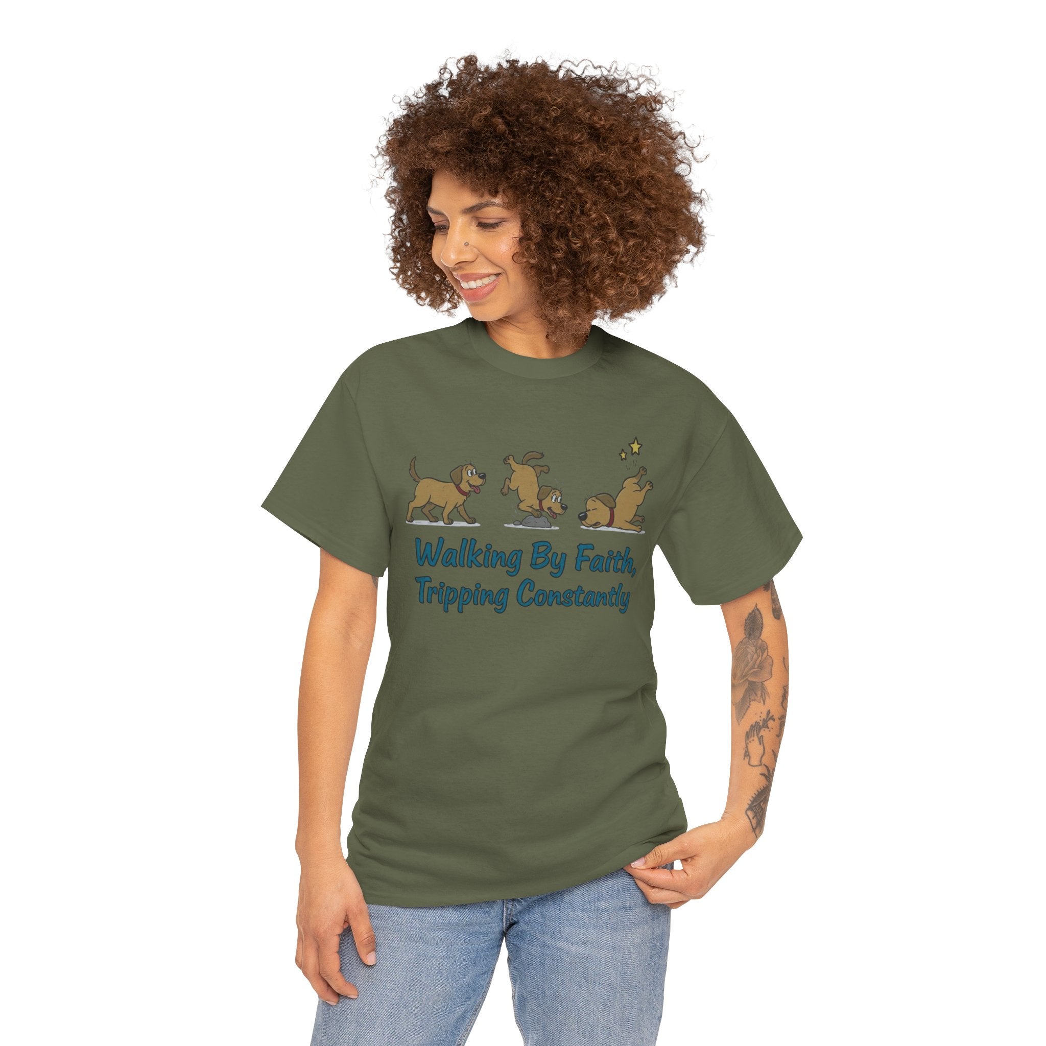 Faith Dog T-Shirt — "Walking By Faith, Tripping Constantly" Cute Christian Tee