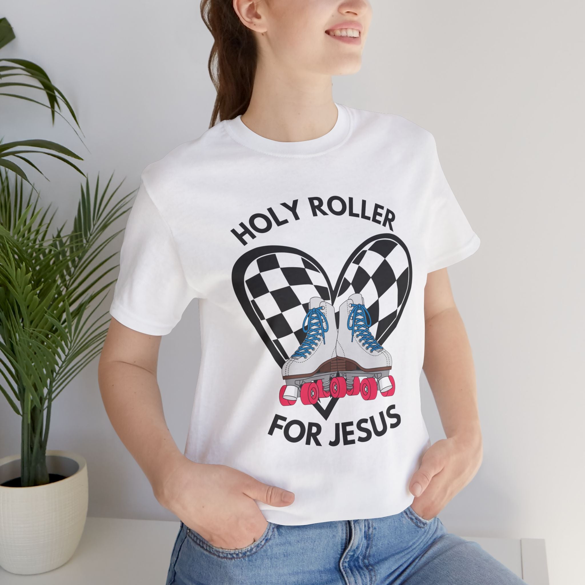 Holy Roller For Jesus T-Shirt — Retro Roller Skates & Checker Heart Christian Tee