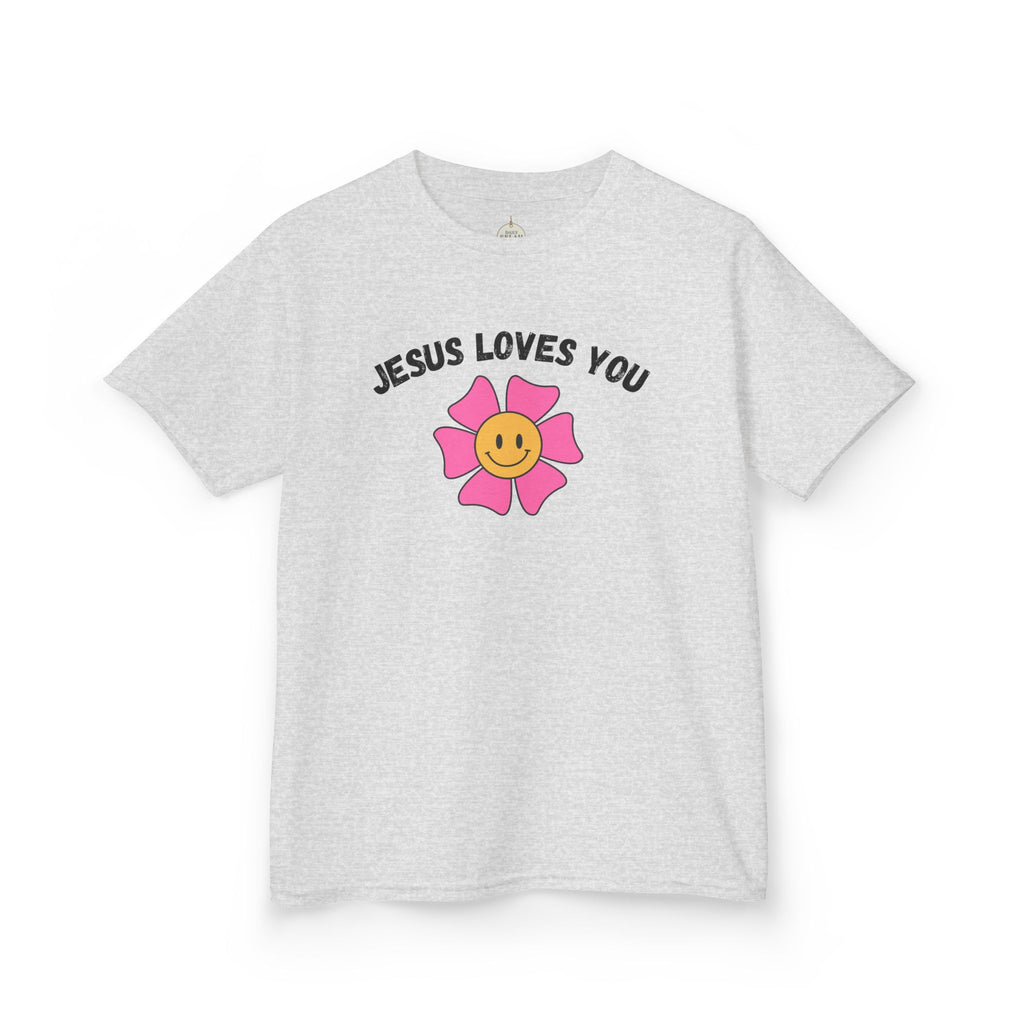 Kids T-Shirt — "Jesus Loves You" Smiley Flower Christian Tee