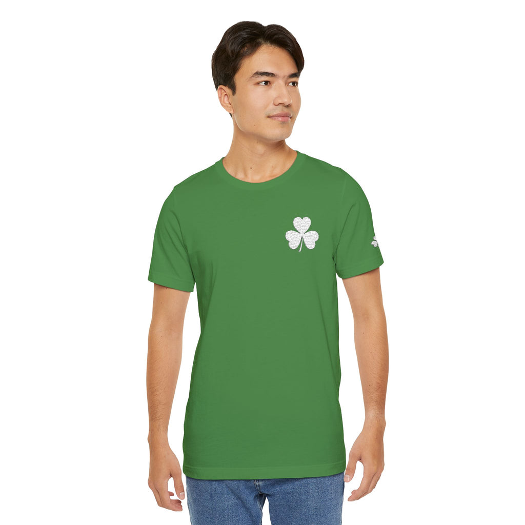 Embroidered Shamrock Pocket Tee — Distressed Lucky Clover T-Shirt