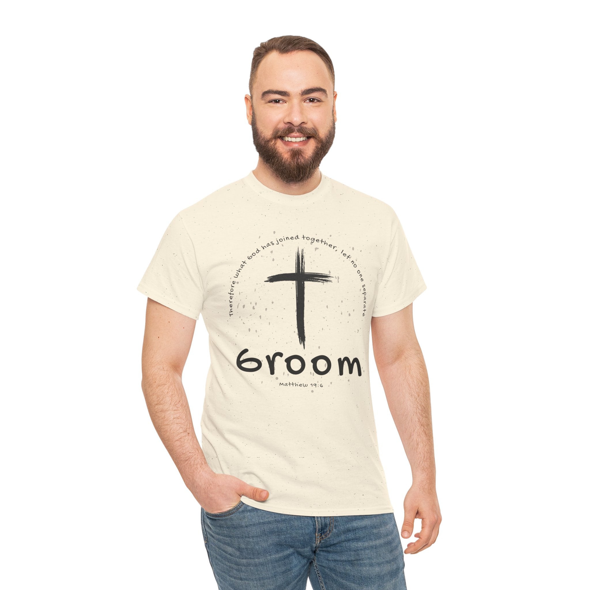 Groom Cross Tee — Christian Wedding Groom T-Shirt (Scripture Verse Design) - Christian - Matthew 19:6
