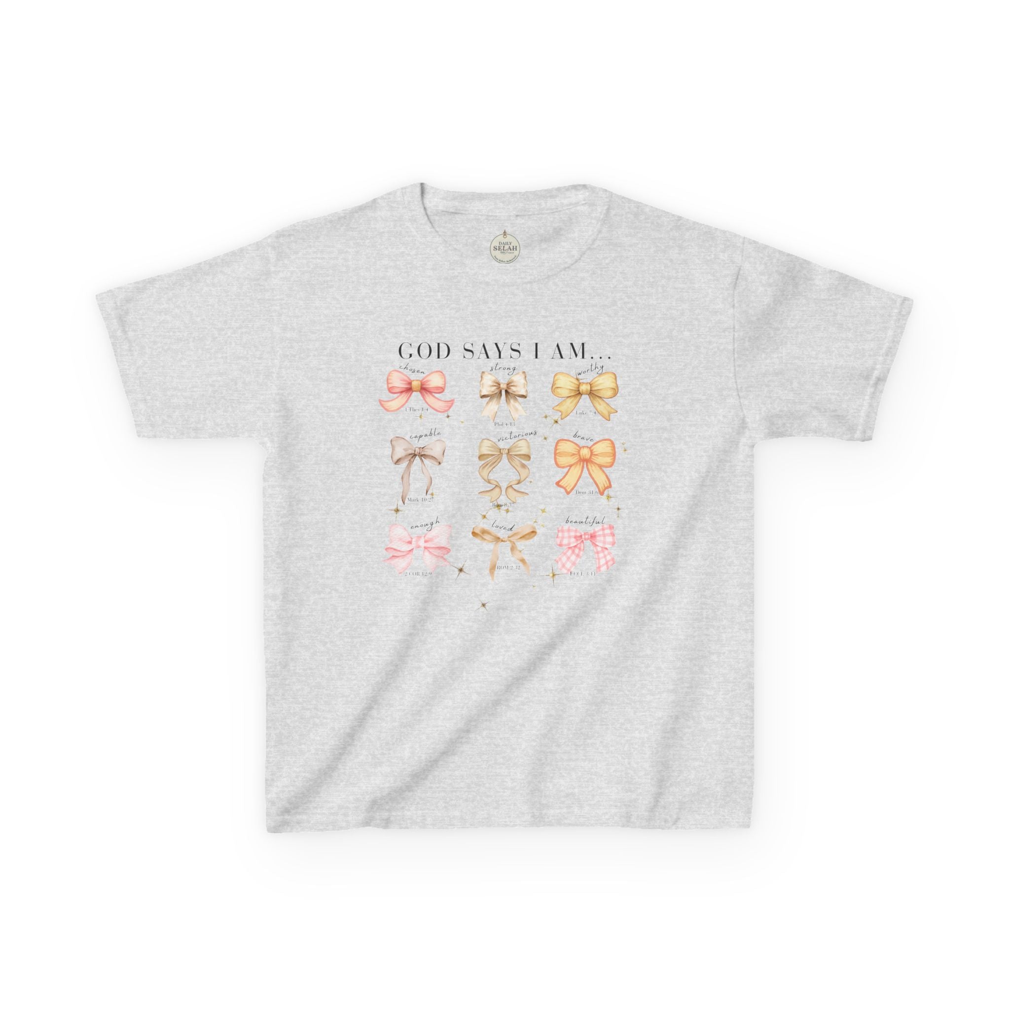 Kids Tee — 'God Says I Am' Pastel Bow Graphic