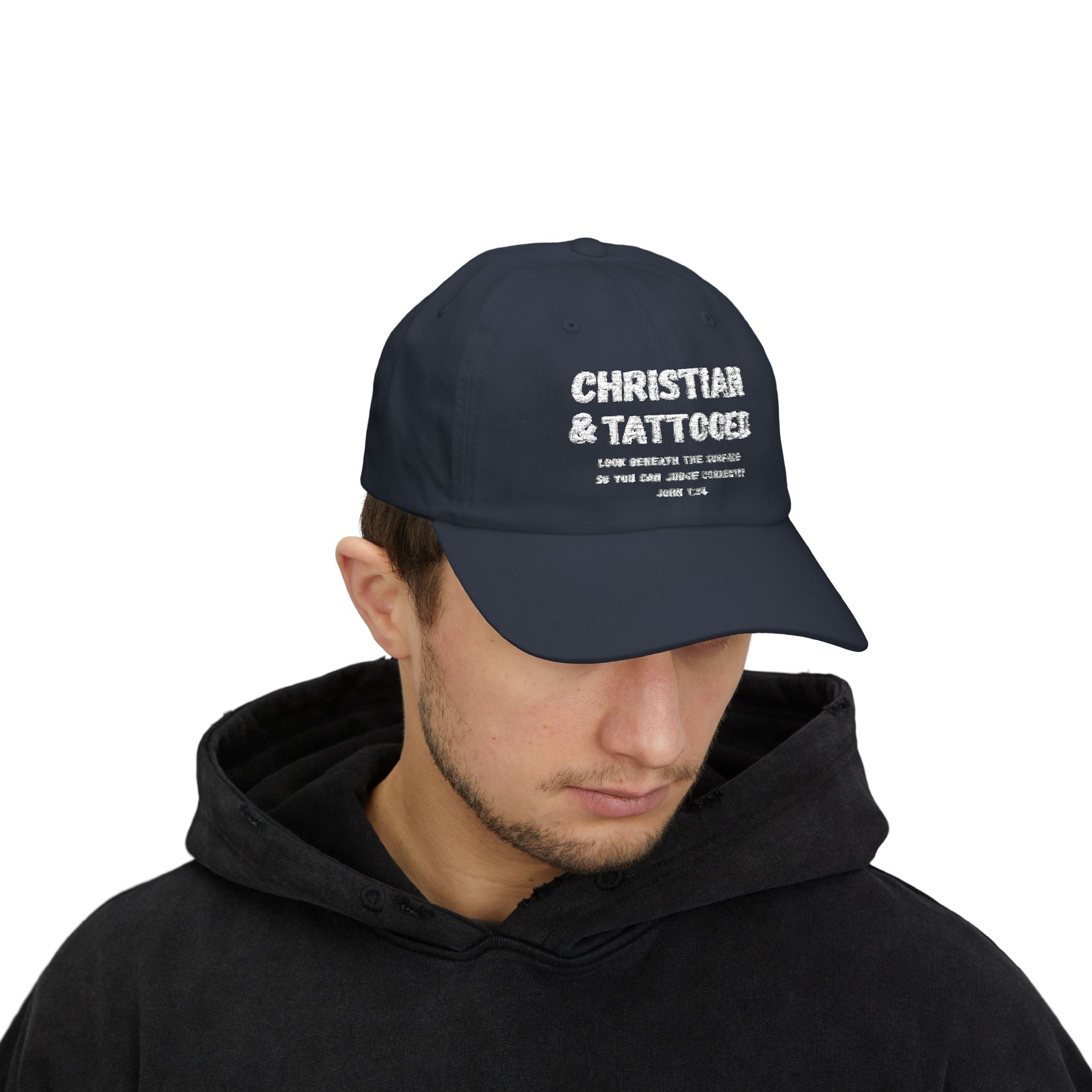 Embroidered Dad Cap — "Christian & Tattooed" Baseball Hat with John 1:8 Scripture