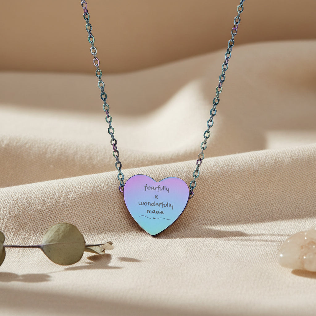 Engraved Heart Necklace — “Fearfully & Wonderfully made” Sterling Pendant