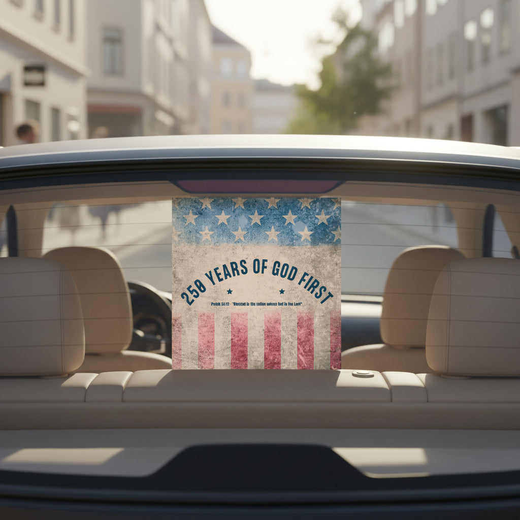 Square Sticker — “250 Years of God First” Patriotic Flag Sticker (Psalm 33:12)