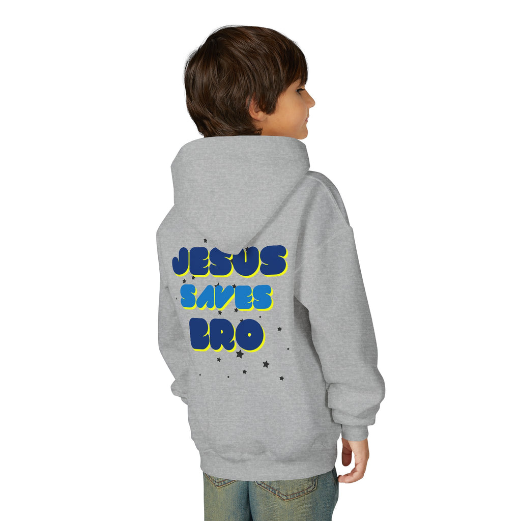 Youth Hoodie — "Jesus Saves Bro" Christian Graphic Pullover